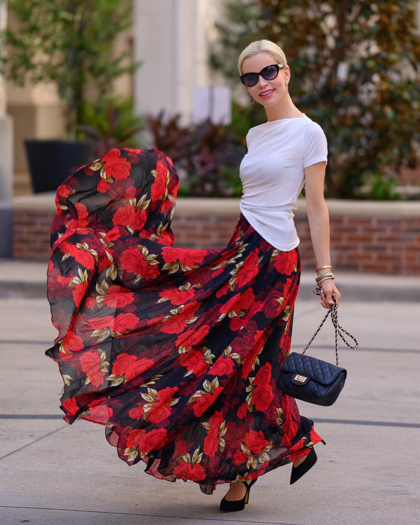 Women Midnight Rose Red Floral Printed Maxi Skirt  Flowing Lightweight Chiffon Fabric with Soft Draped Silhouette for Romantic