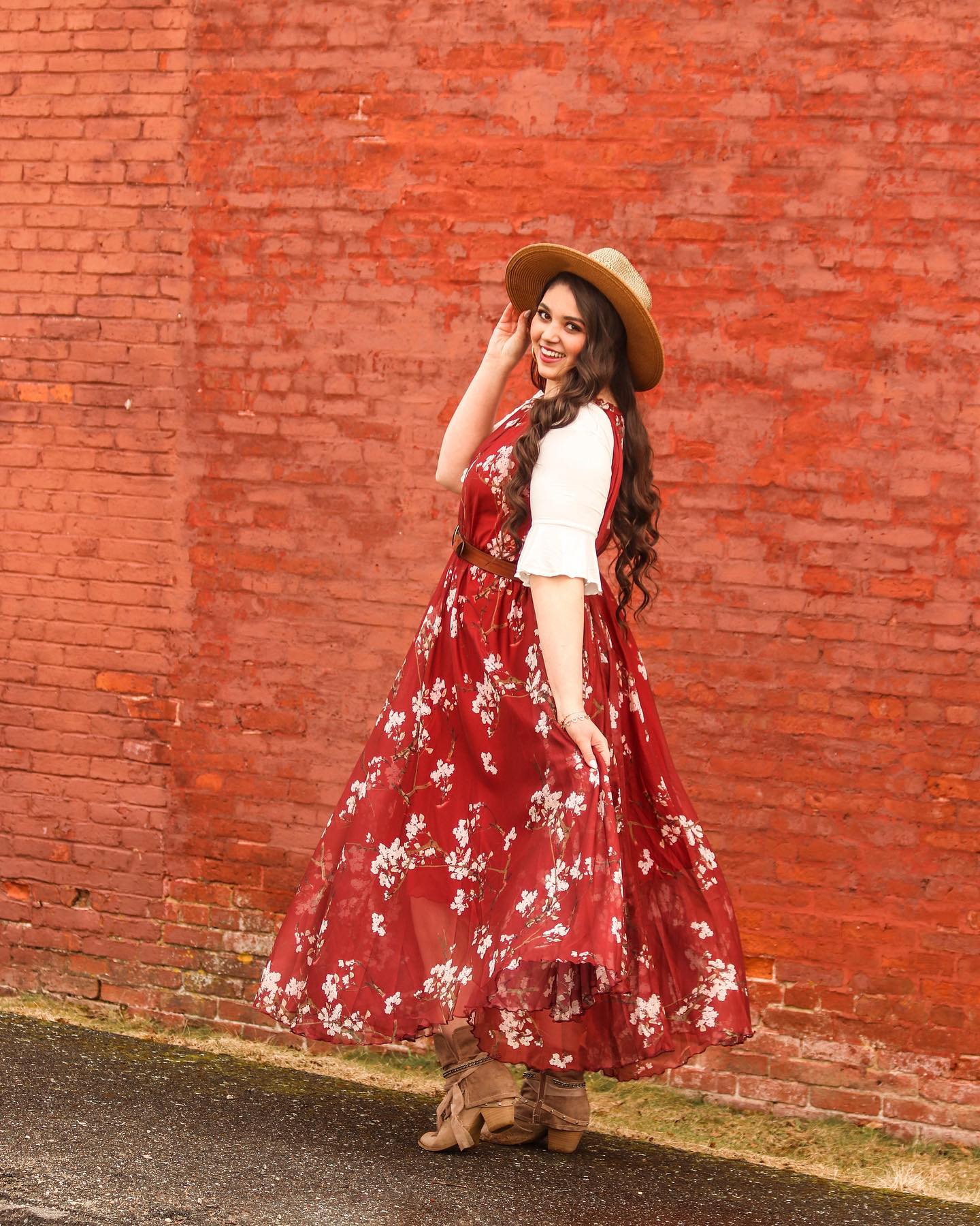 Elegant Wine Floral Printed Poly Chiffon Maxi Dress with Halter Neckline & Flowing Silhouette for Summer Brunch  Resort