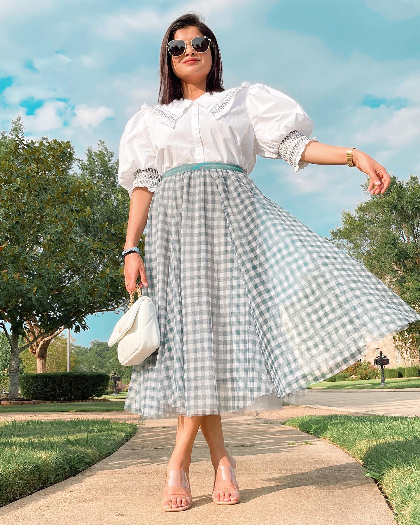 Women’s Elegant Gingham Check Mesh Overlay Midi Skirt High Waist Flared A LIne Skirt