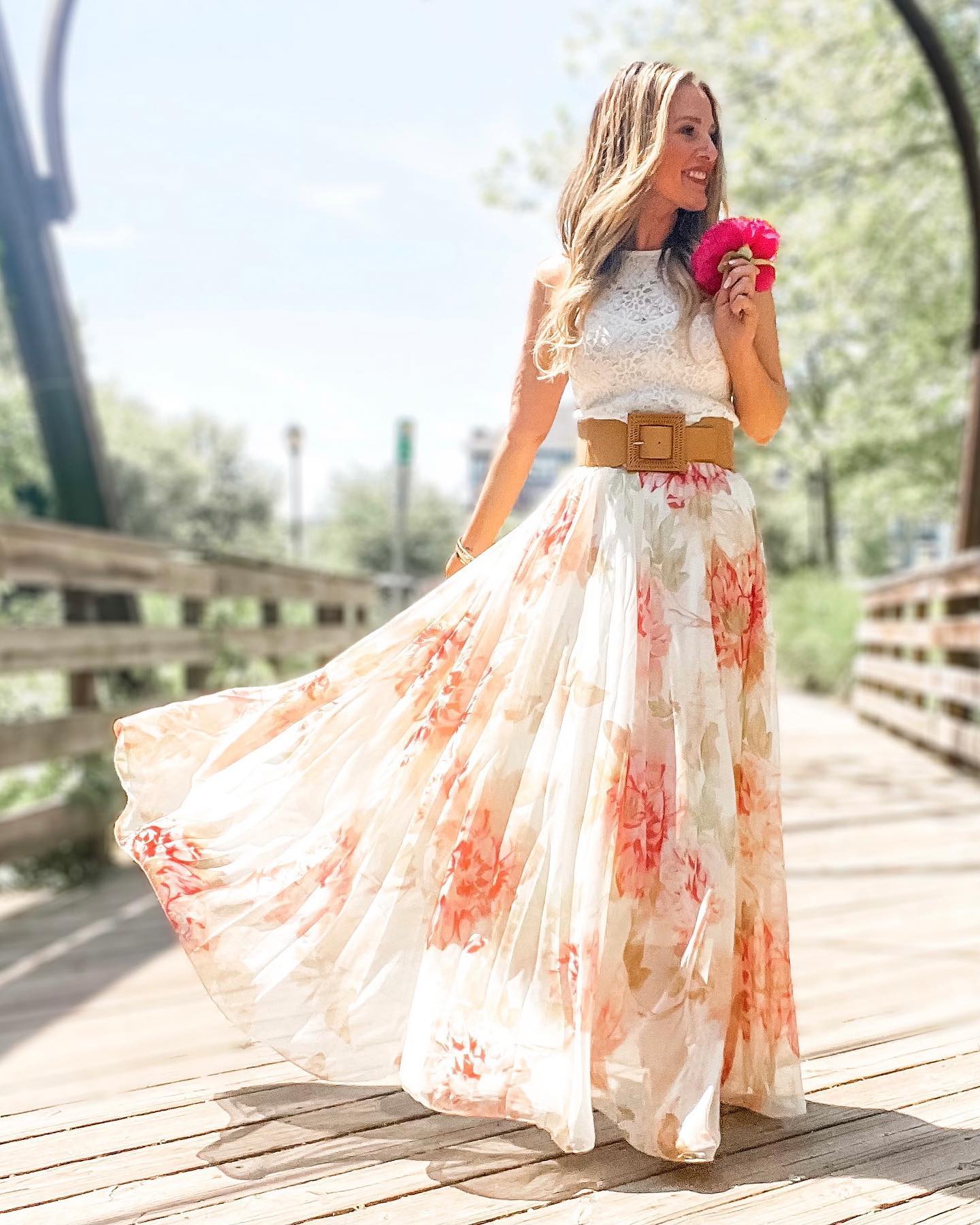 Ivory Pastel Floral Printed Chiffon Maxi Skirt