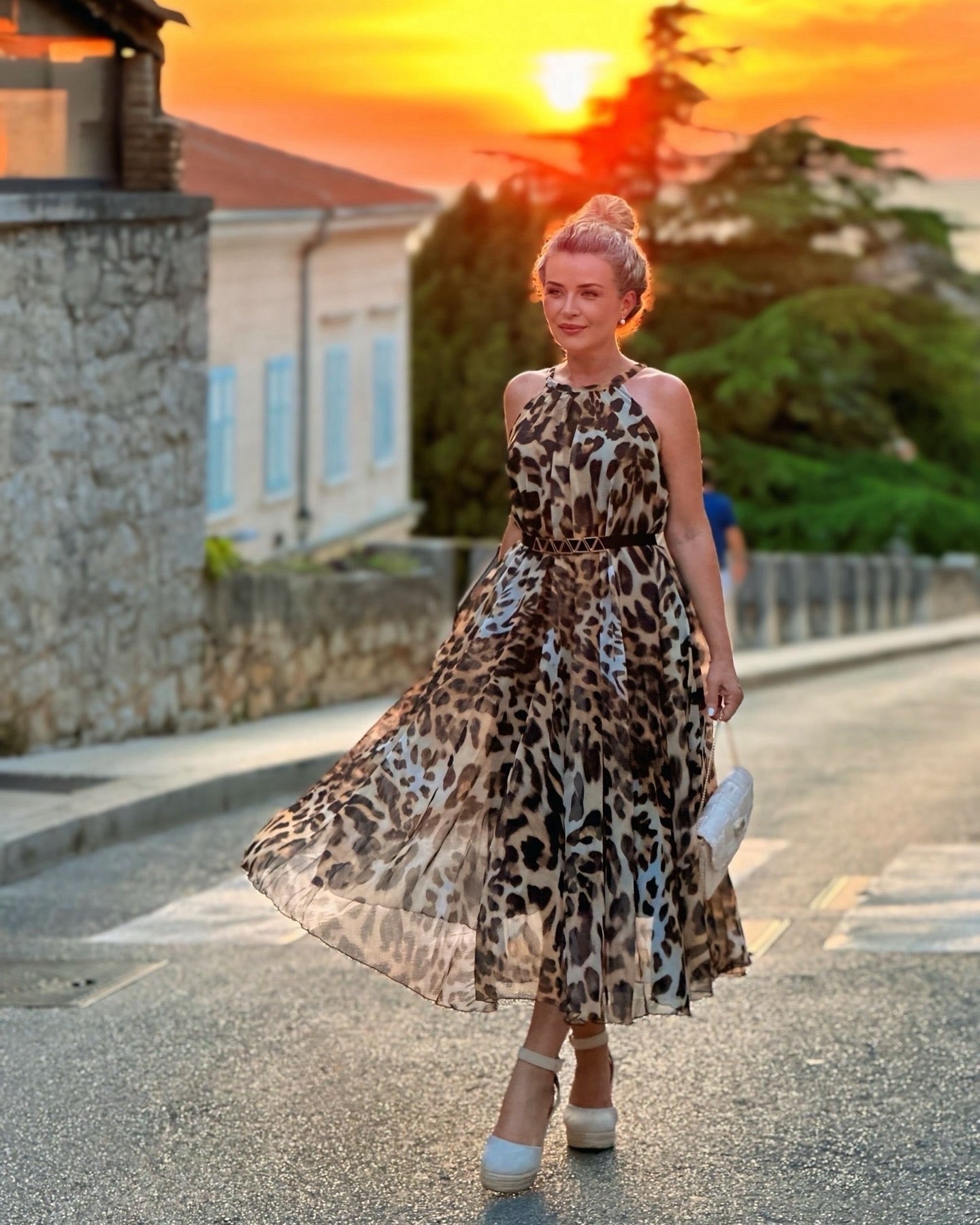 Ivory Tropical Leaf & Floral Printed Poly Chiffon Maxi Dress with Halter Neckline and Flowing