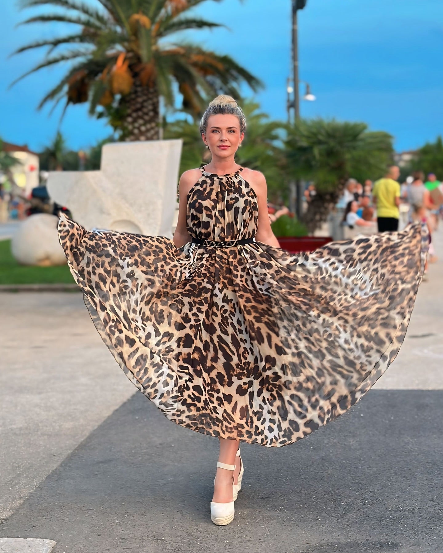 Ivory Tropical Leaf & Floral Printed Poly Chiffon Maxi Dress with Halter Neckline and Flowing