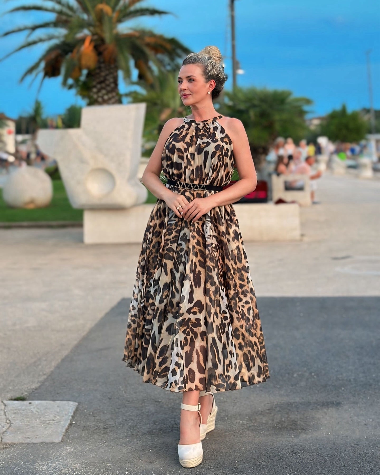 Ivory Tropical Leaf & Floral Printed Poly Chiffon Maxi Dress with Halter Neckline and Flowing