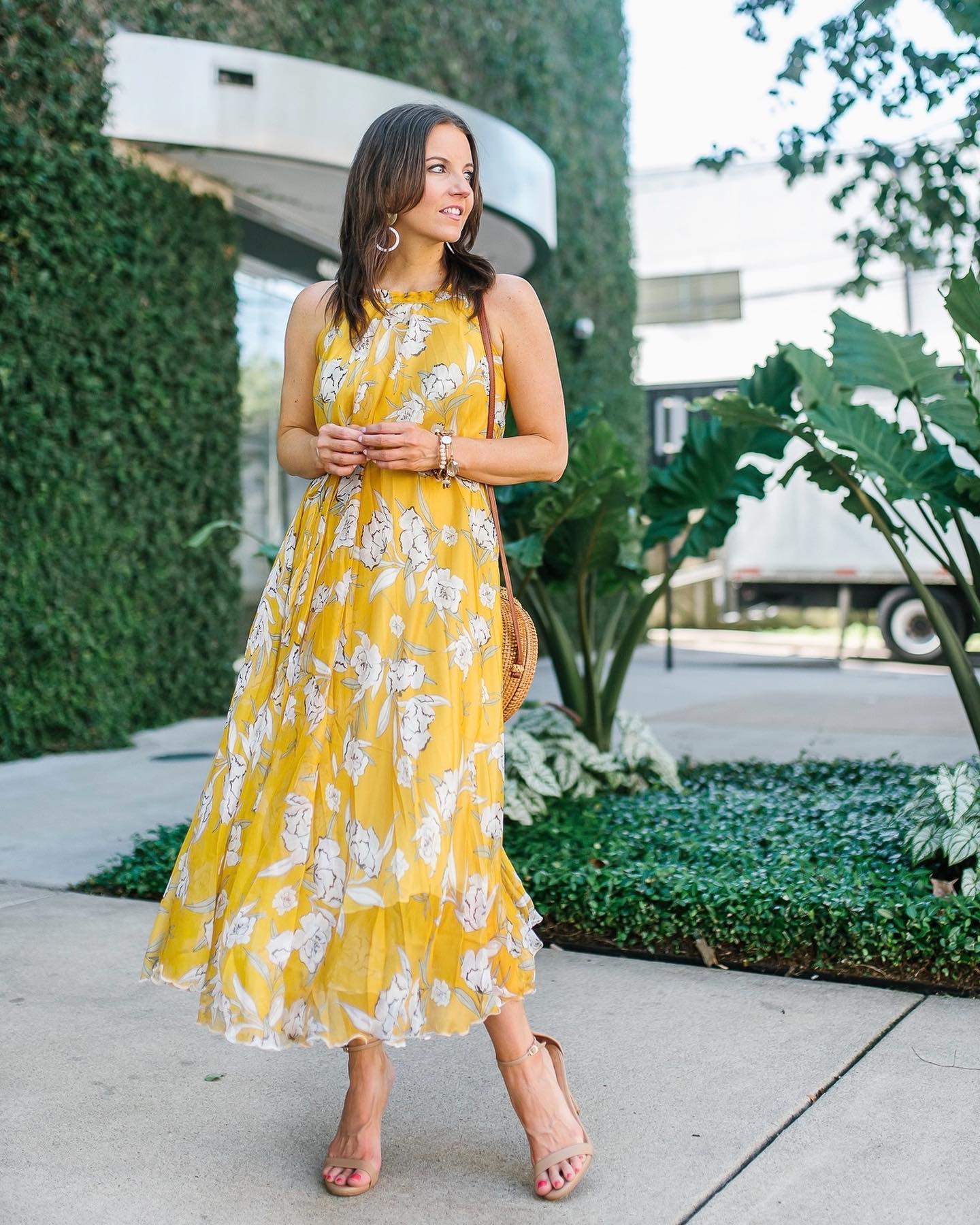 Mustard Yellow Floral Printed Halter Neck Belted Maxi Dress in Flowing Lightweight Fabric