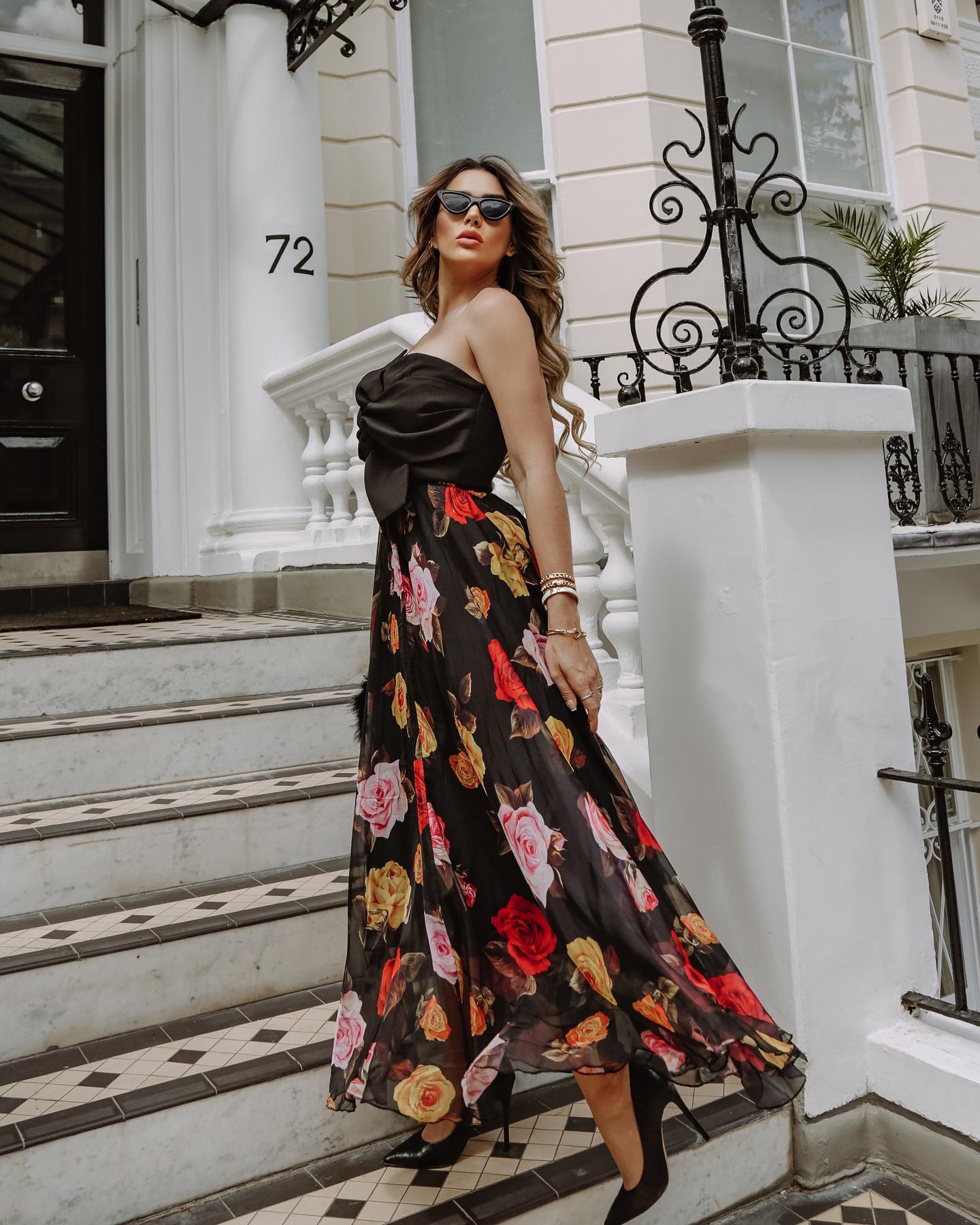 Romantic Rose Floral Black Georgette Long Skirt