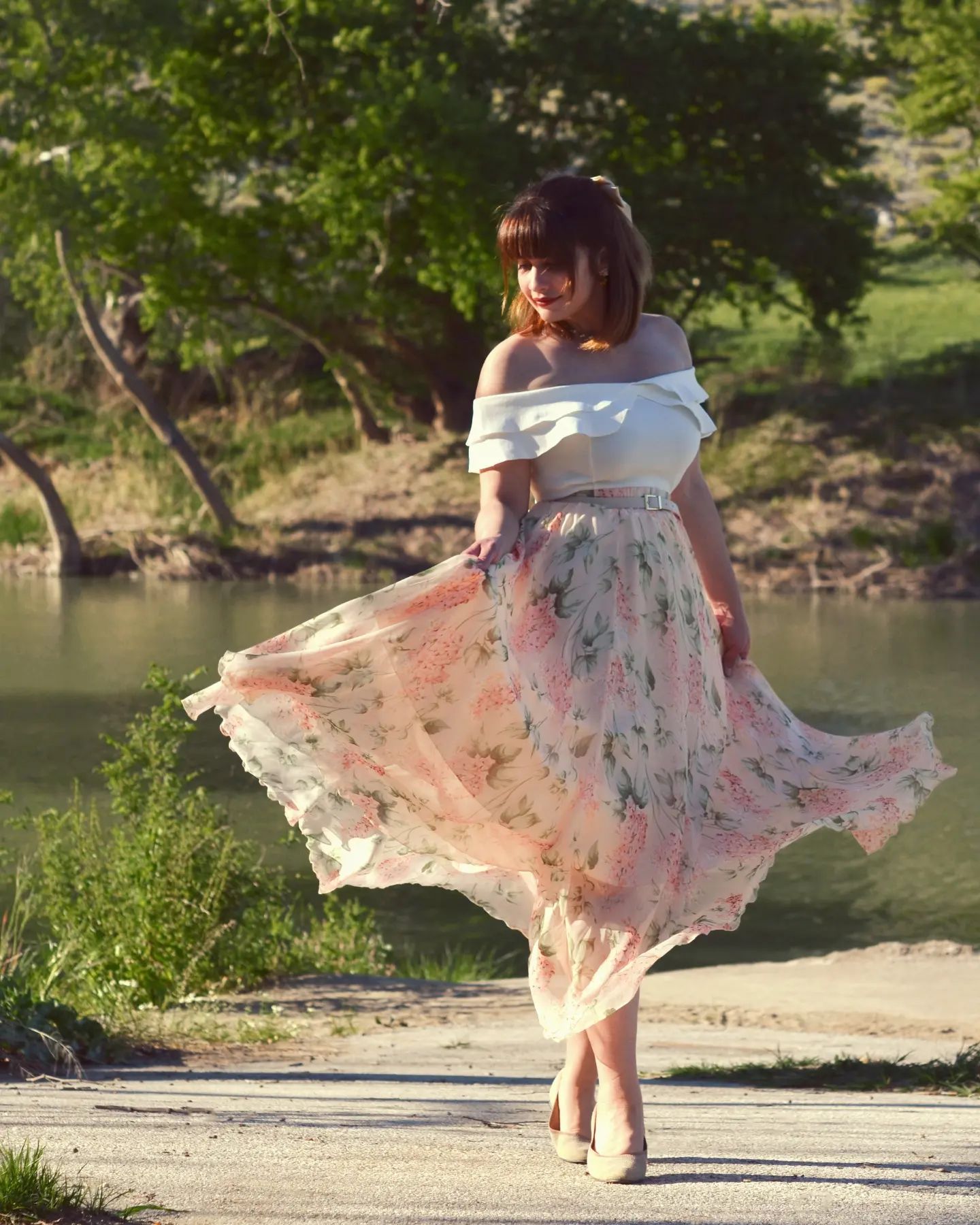 Bohemian High Waisted Flowy Chiffon Skirt  Vintage Lilac Print