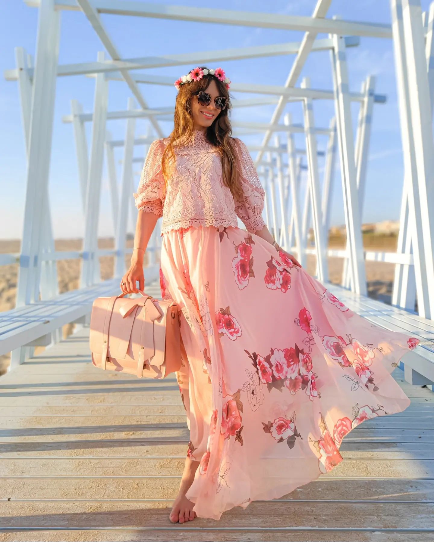 Blush Rose Garden Floral Print Flared Maxi Skirt