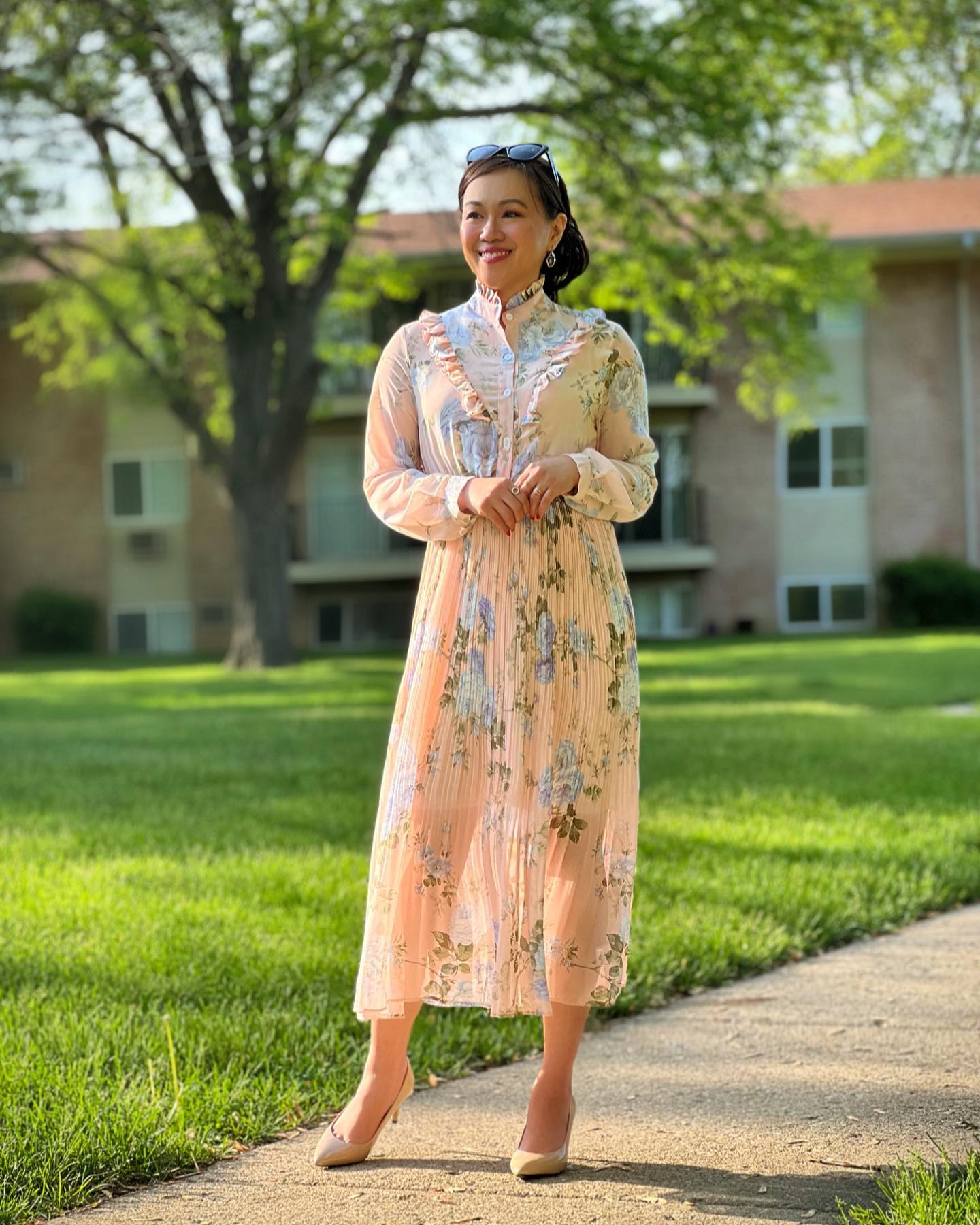 Soft Peach Garden Floral Printed Midi Dress with Ruffle Yoke  Elegant Long Sleeve Pleated Silhouette in Lightweight Flowing Fabric for Daytime & Occasion Wear