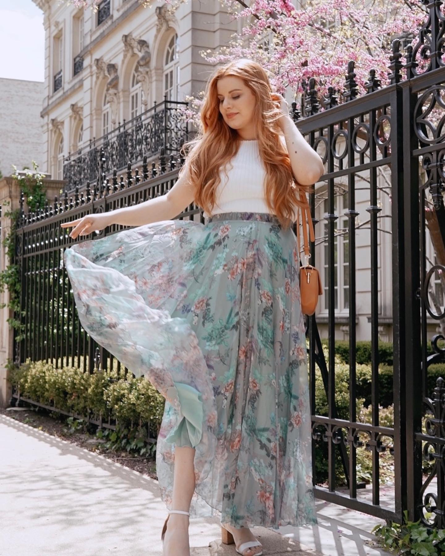 Women Sage Mist Floral Printed Maxi Skirt with Soft Pastel Shades Lightweight Flow and Comfortable Flared Silhouette