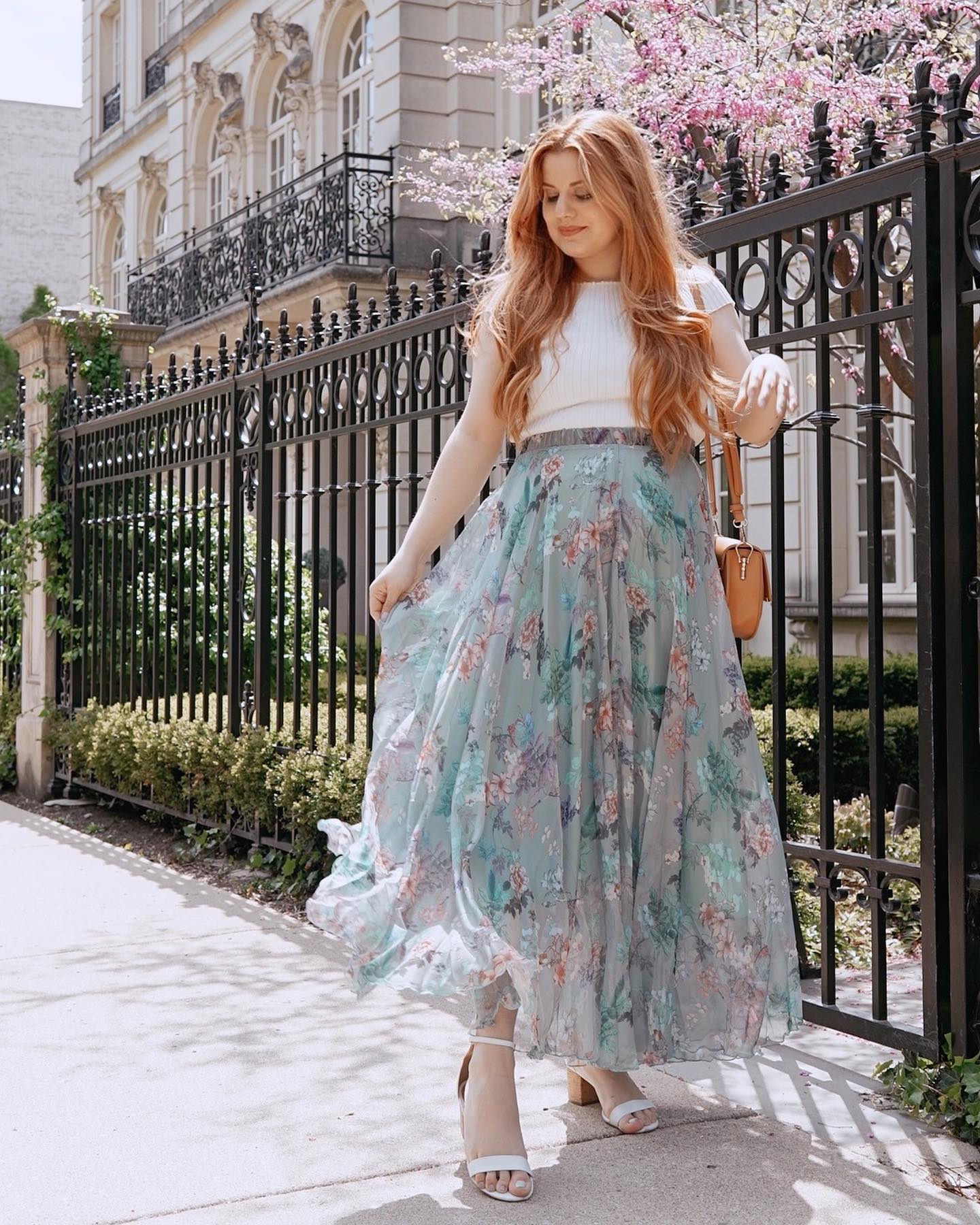 Women Sage Mist Floral Printed Maxi Skirt with Soft Pastel Shades Lightweight Flow and Comfortable Flared Silhouette