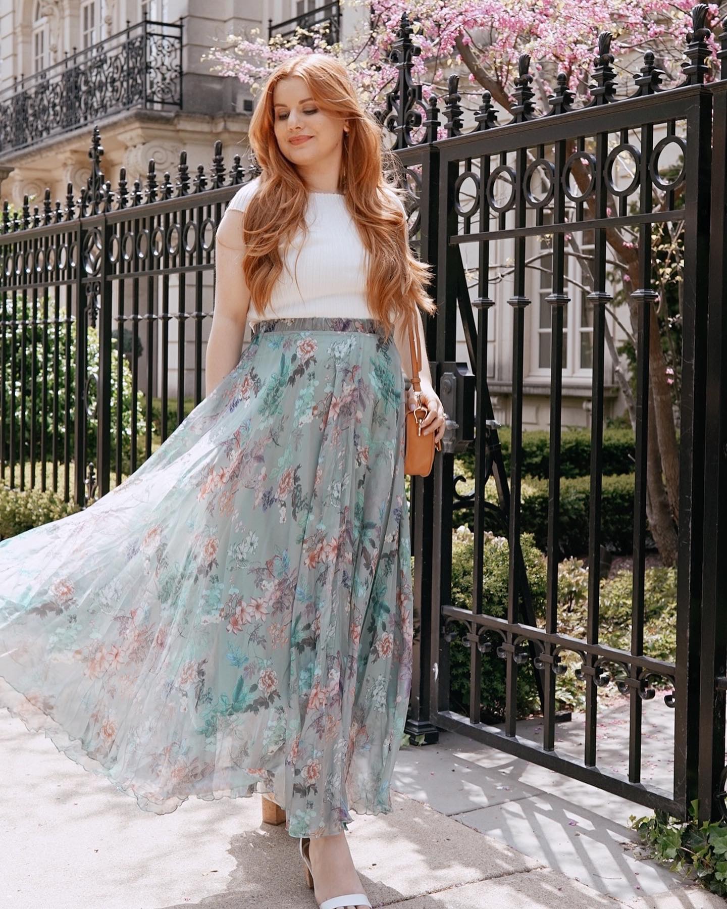 Women Sage Mist Floral Printed Maxi Skirt with Soft Pastel Shades Lightweight Flow and Comfortable Flared Silhouette