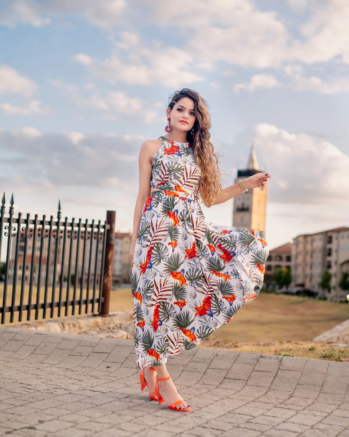 Ivory Tropical Leaf & Floral Printed Poly Chiffon Maxi Dress with Halter Neckline and Flowing