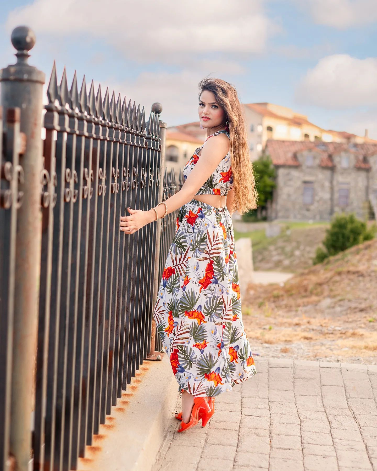 Ivory Tropical Leaf & Floral Printed Poly Chiffon Maxi Dress with Halter Neckline and Flowing