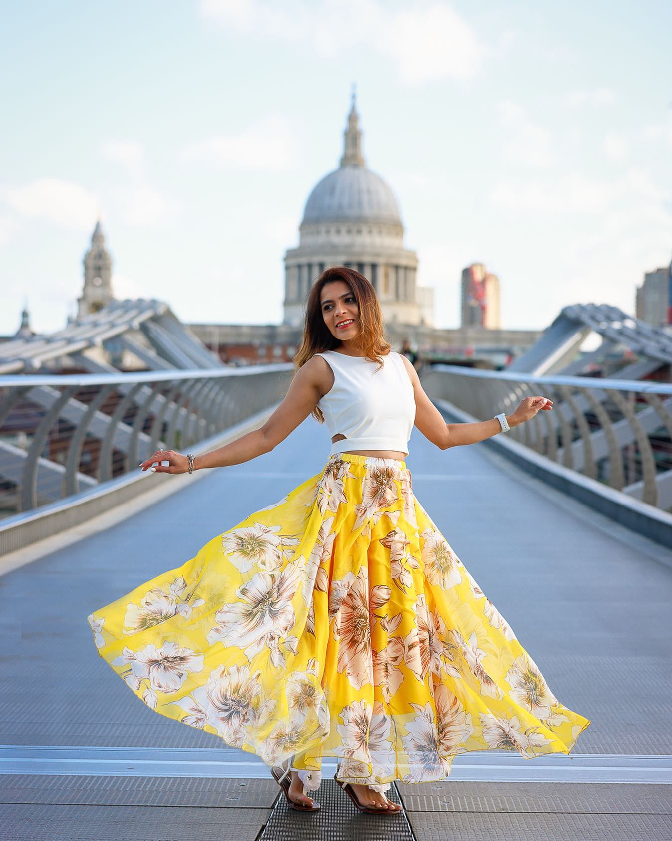 Yellow Floral Printed Chiffon Maxi Skirt