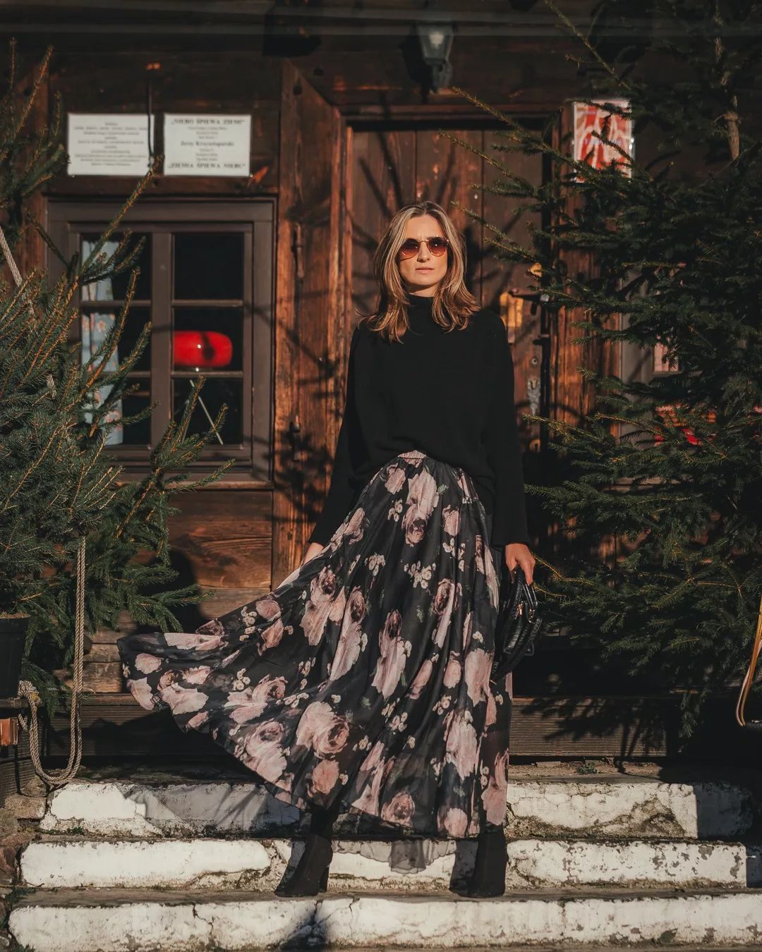 Vintage Rose Print Chiffon Maxi Skirt in Black