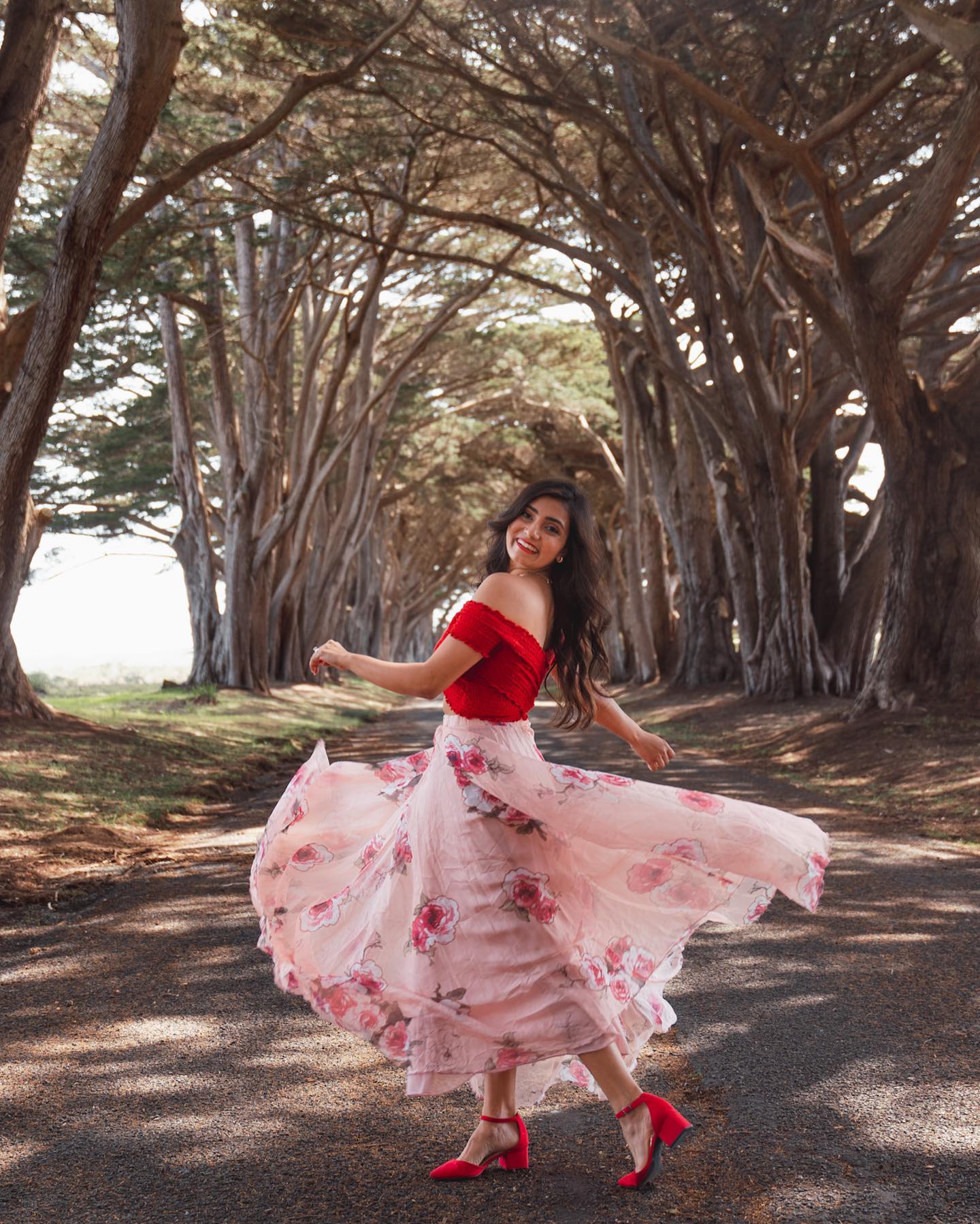 Blush Rose Garden Floral Print Flared Maxi Skirt
