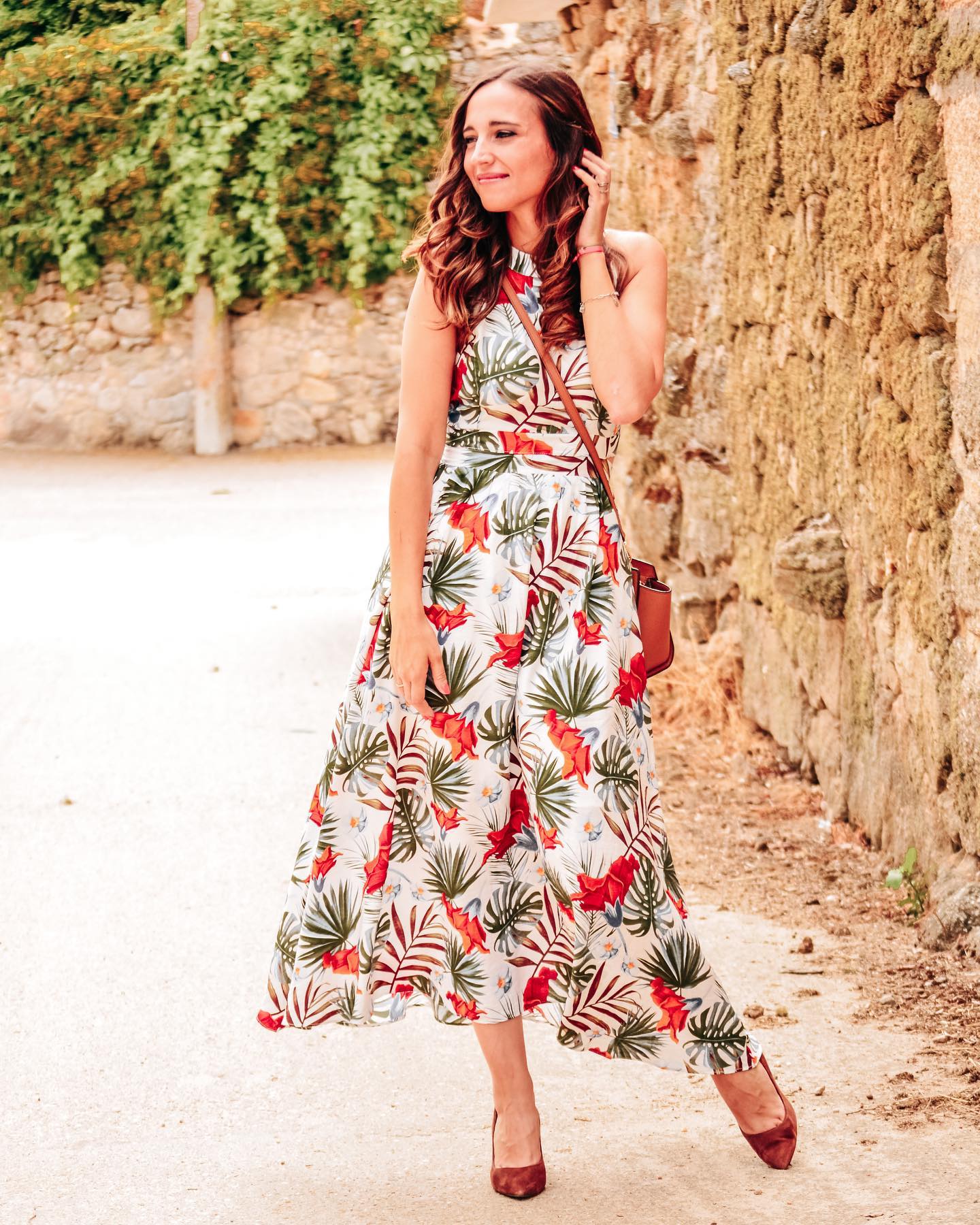 Ivory Tropical Leaf & Floral Printed Poly Chiffon Maxi Dress with Halter Neckline and Flowing