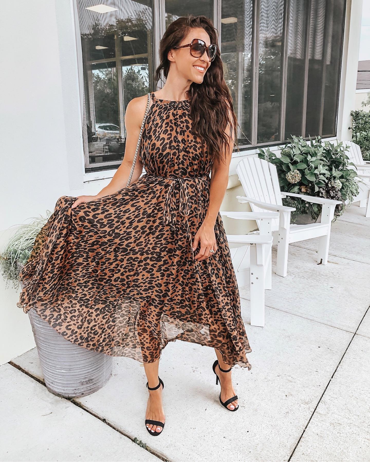 Brown Leopard Printed Poly Chiffon Maxi Dress with Halter Neckline, Waist Tie Detail & Flowing Silhouette for Resort Wear, Brunch & Evening Occasions
