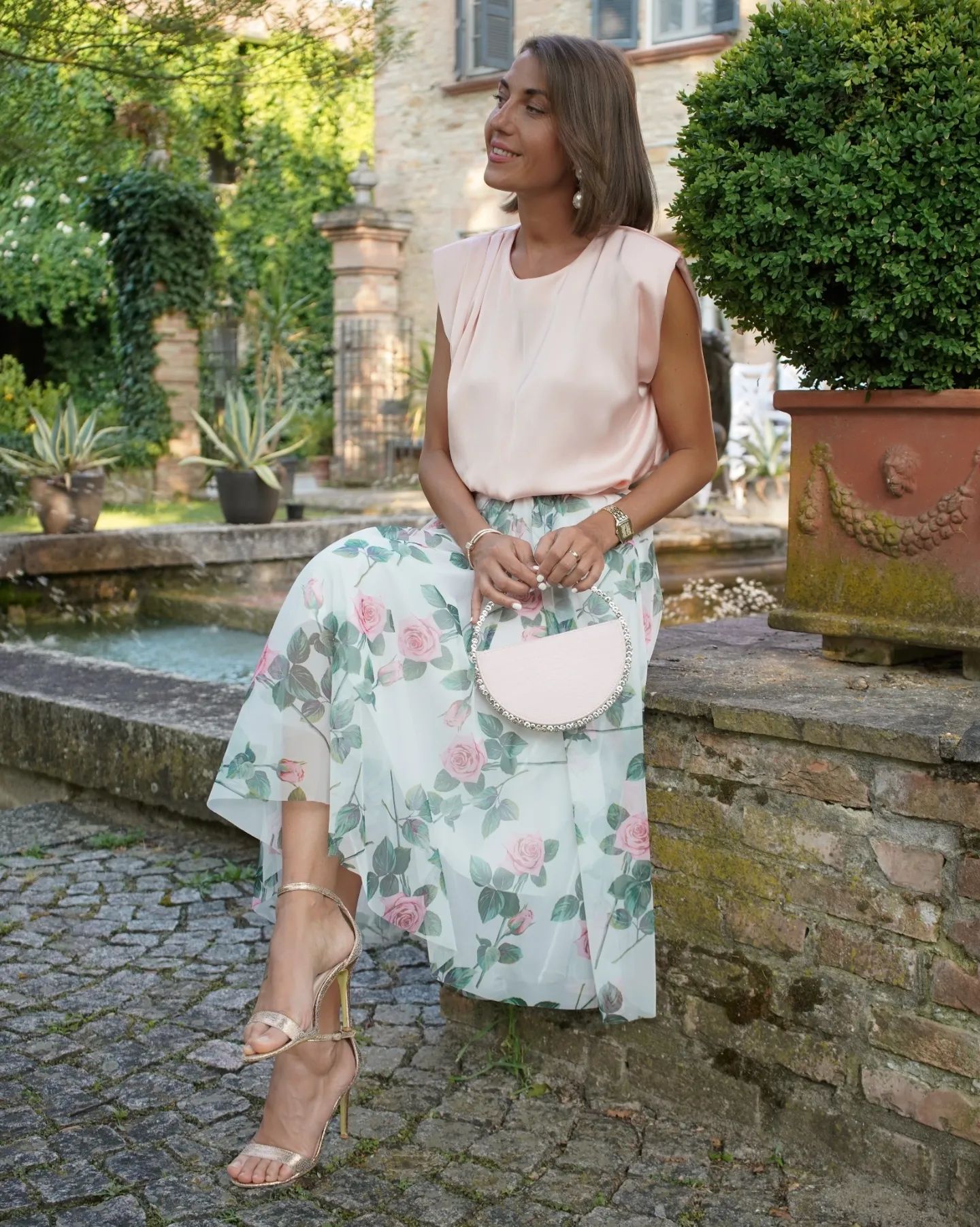 Women Rose Floral Mesh Midi Skirt  High Waist Flared Skirt