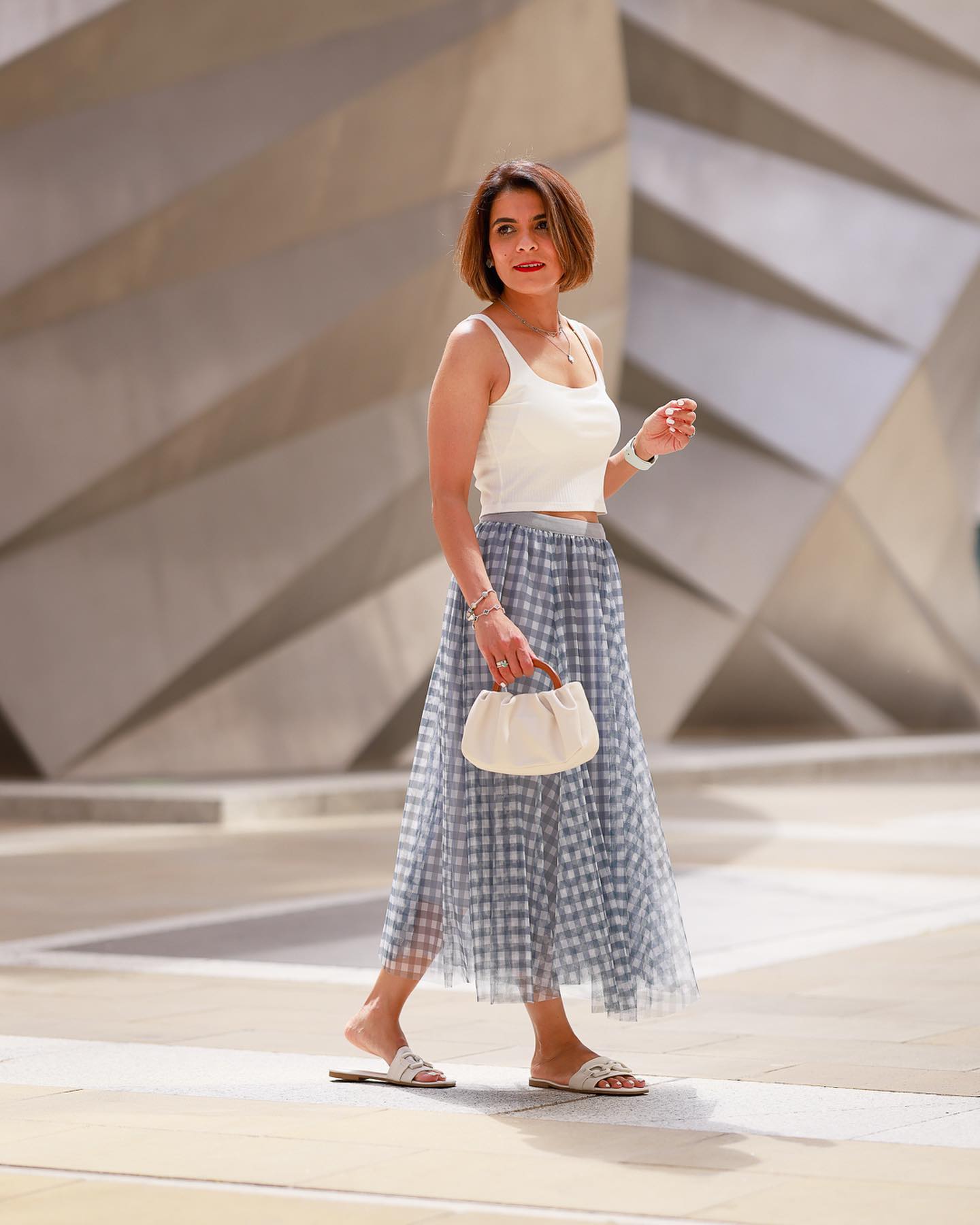 Women’s Elegant Gingham Check Mesh Overlay Midi Skirt High Waist Flared A LIne Skirt