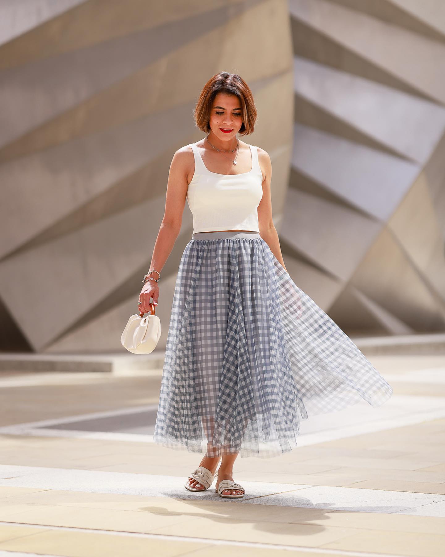 Women’s Elegant Gingham Check Mesh Overlay Midi Skirt High Waist Flared A LIne Skirt