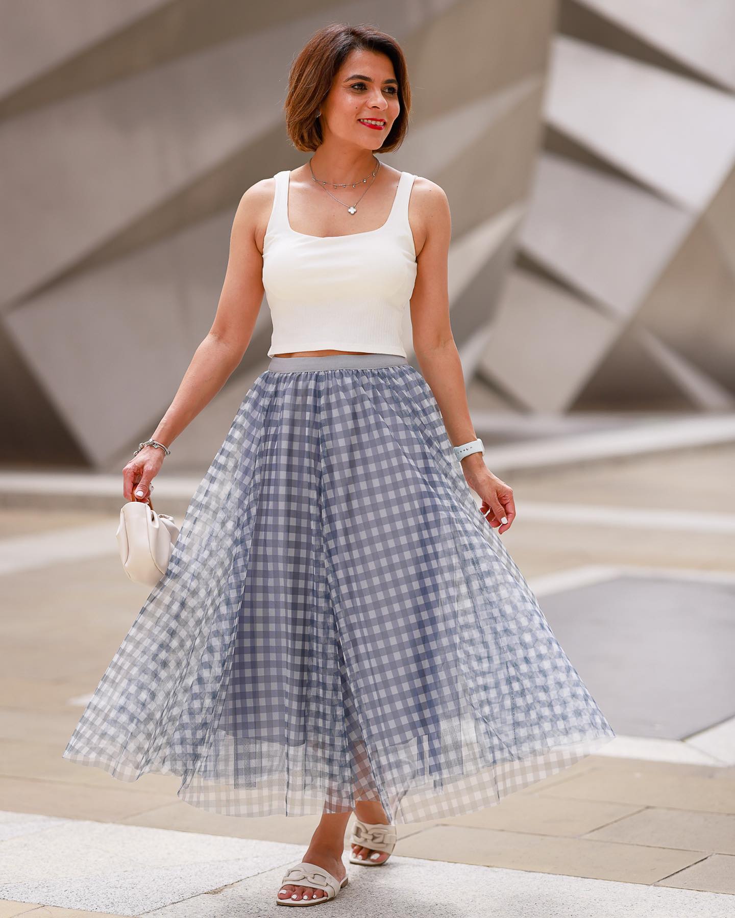 Women’s Elegant Gingham Check Mesh Overlay Midi Skirt High Waist Flared A LIne Skirt