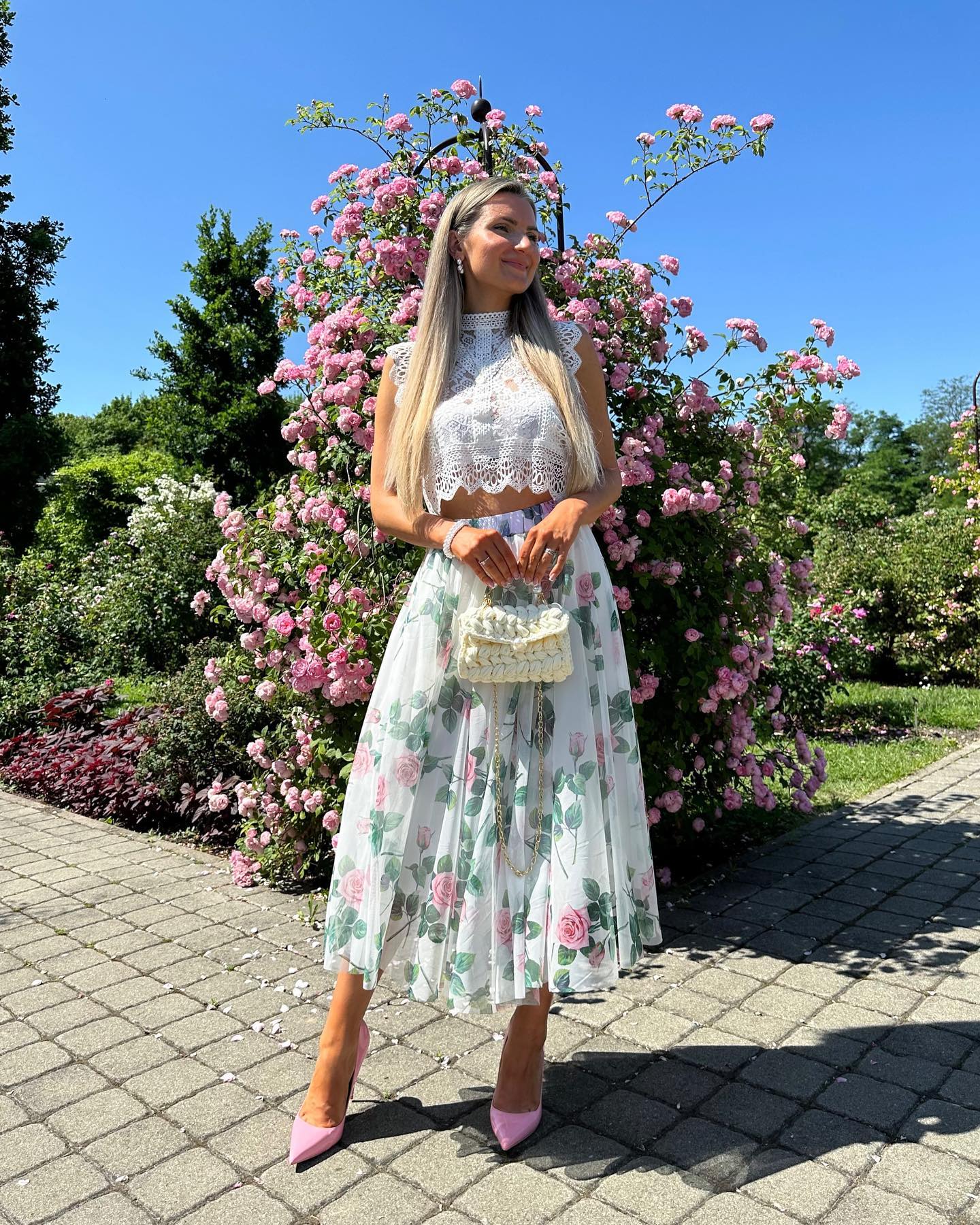 Women Rose Floral Mesh Midi Skirt  High Waist Flared Skirt