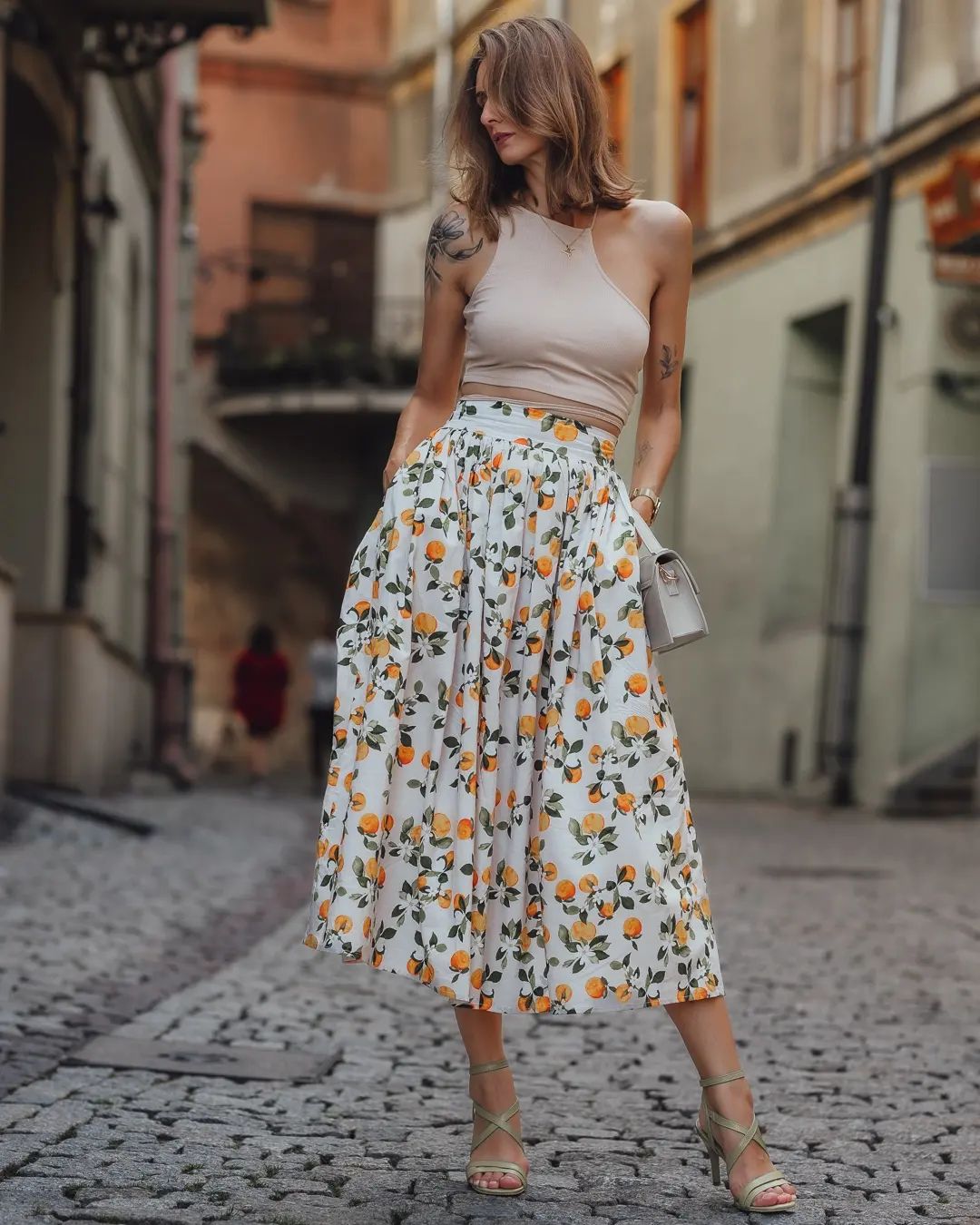 Women Citrus Bloom Ivory Lemon Floral Printed Maxi Skirt
