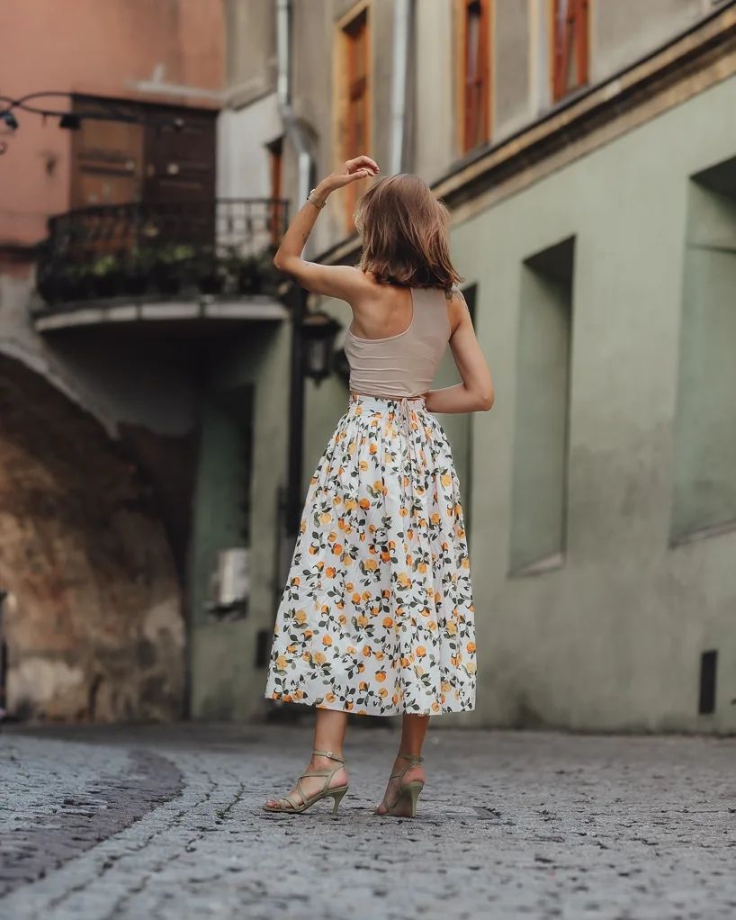 Women Citrus Bloom Ivory Lemon Floral Printed Maxi Skirt