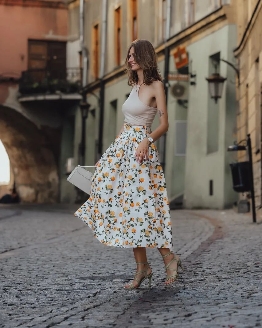 Women Citrus Bloom Ivory Lemon Floral Printed Maxi Skirt