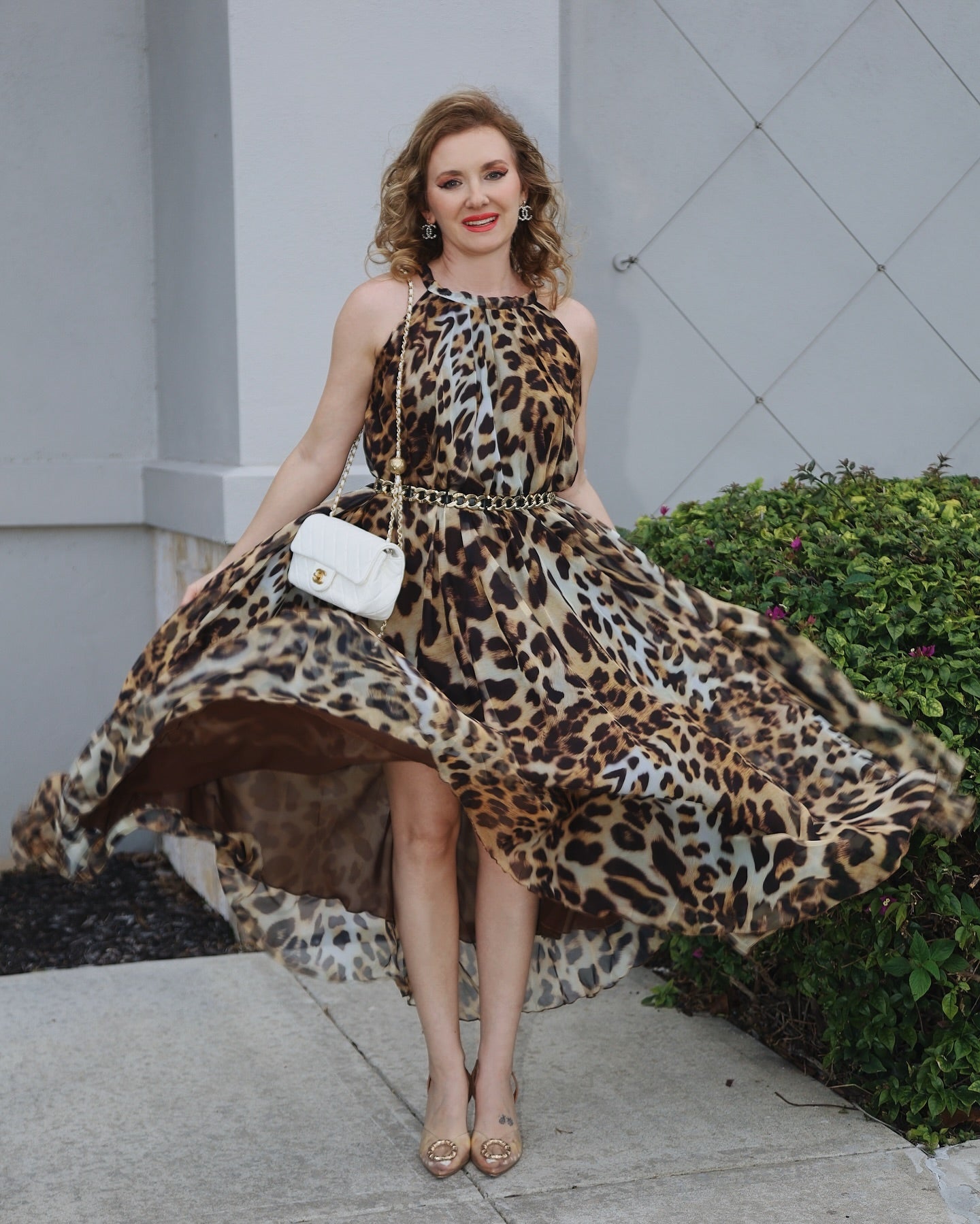 Ivory Tropical Leaf & Floral Printed Poly Chiffon Maxi Dress with Halter Neckline and Flowing