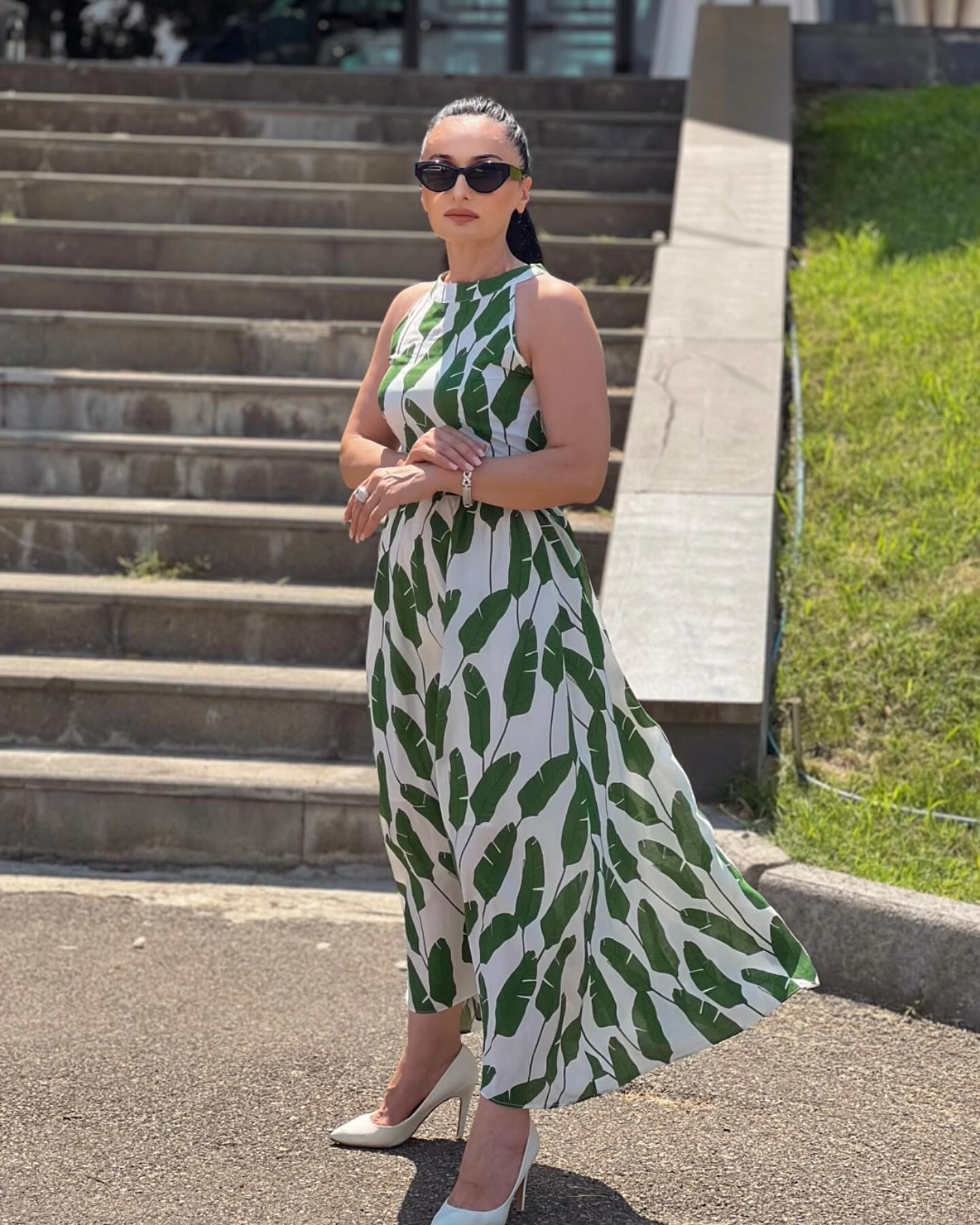 Ivory Green Tropical Leaf Printed Halter Neck Maxi Dress in Premium Lightweight Fabric