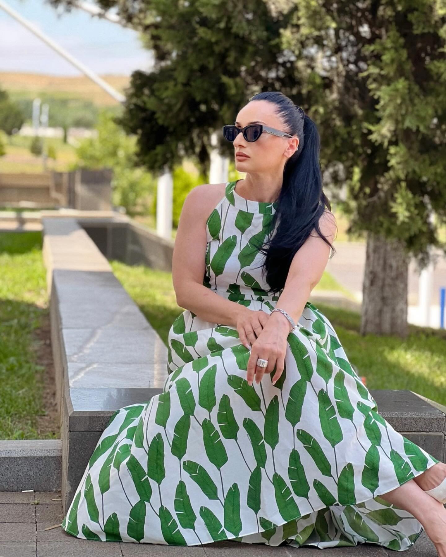 Ivory Green Tropical Leaf Printed Halter Neck Maxi Dress in Premium Lightweight Fabric