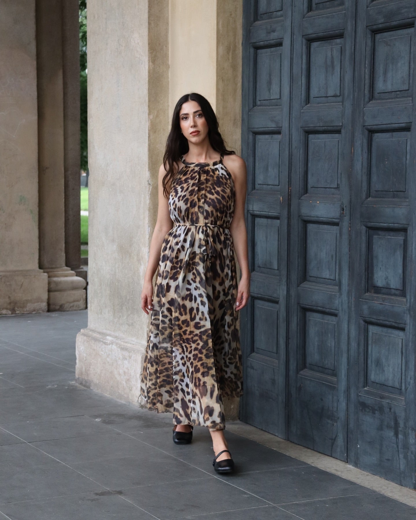 Ivory Tropical Leaf & Floral Printed Poly Chiffon Maxi Dress with Halter Neckline and Flowing