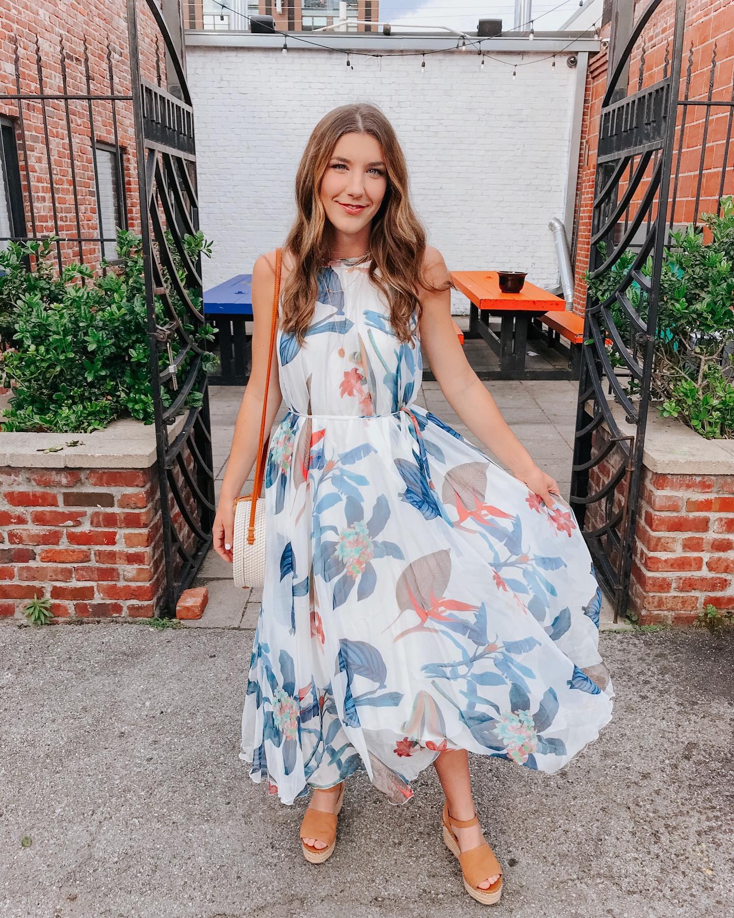 Ivory Tropical Botanical Leaf Printed Poly Chiffon Maxi Dress with Halter Neckline