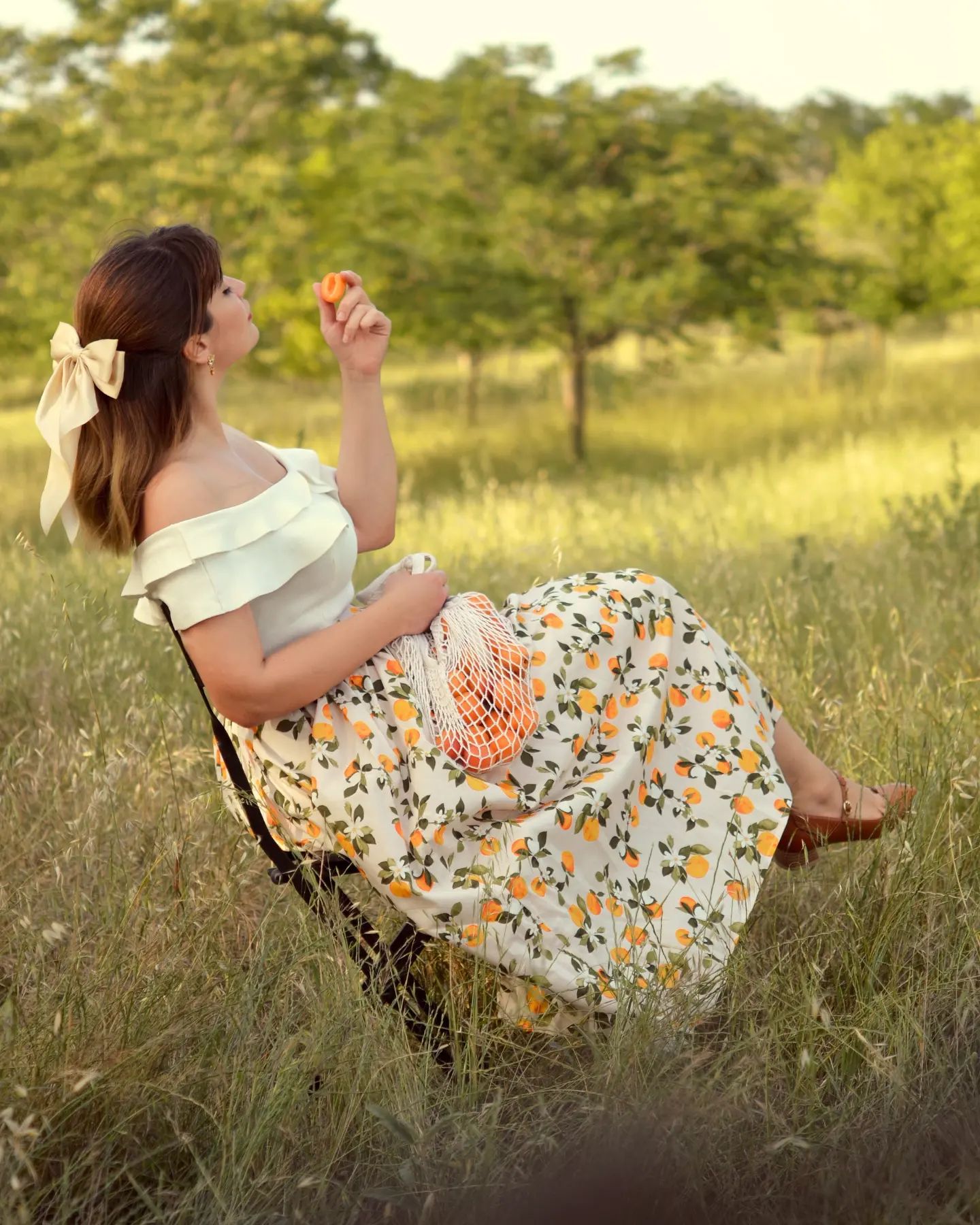 Women Citrus Bloom Ivory Lemon Floral Printed Maxi Skirt