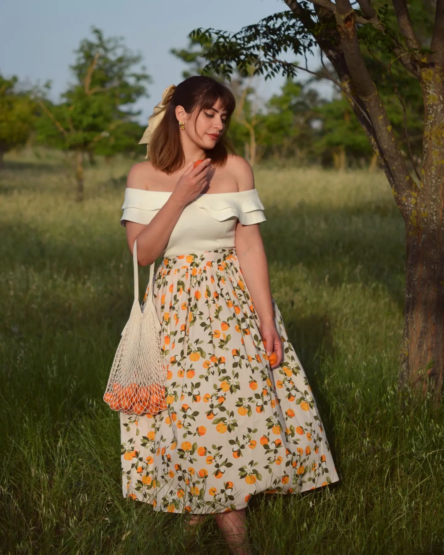 Women Citrus Bloom Ivory Lemon Floral Printed Maxi Skirt