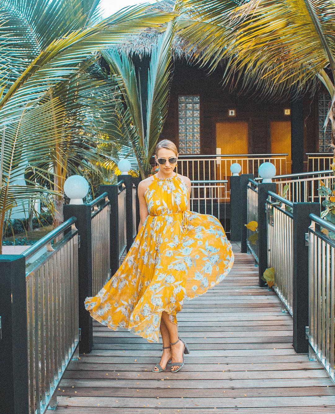 Mustard Yellow Floral Printed Halter Neck Belted Maxi Dress in Flowing Lightweight Fabric