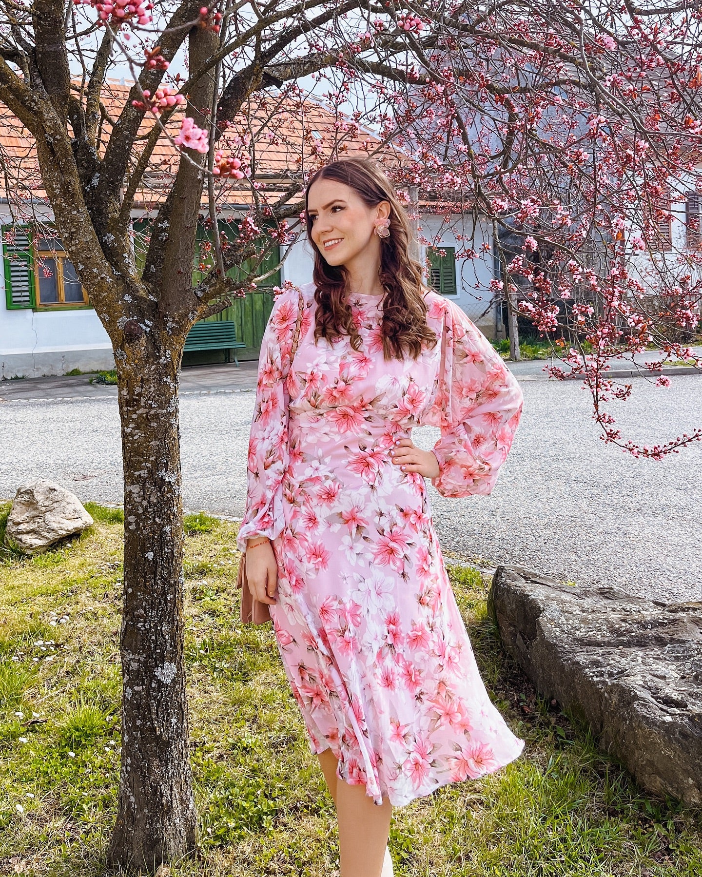 Blush Petal Pink Floral Printed Midi Dress Elegant Long Sleeve Fit & Flare Silhouette with Soft Flowing Fabric for Day & Evening Wear