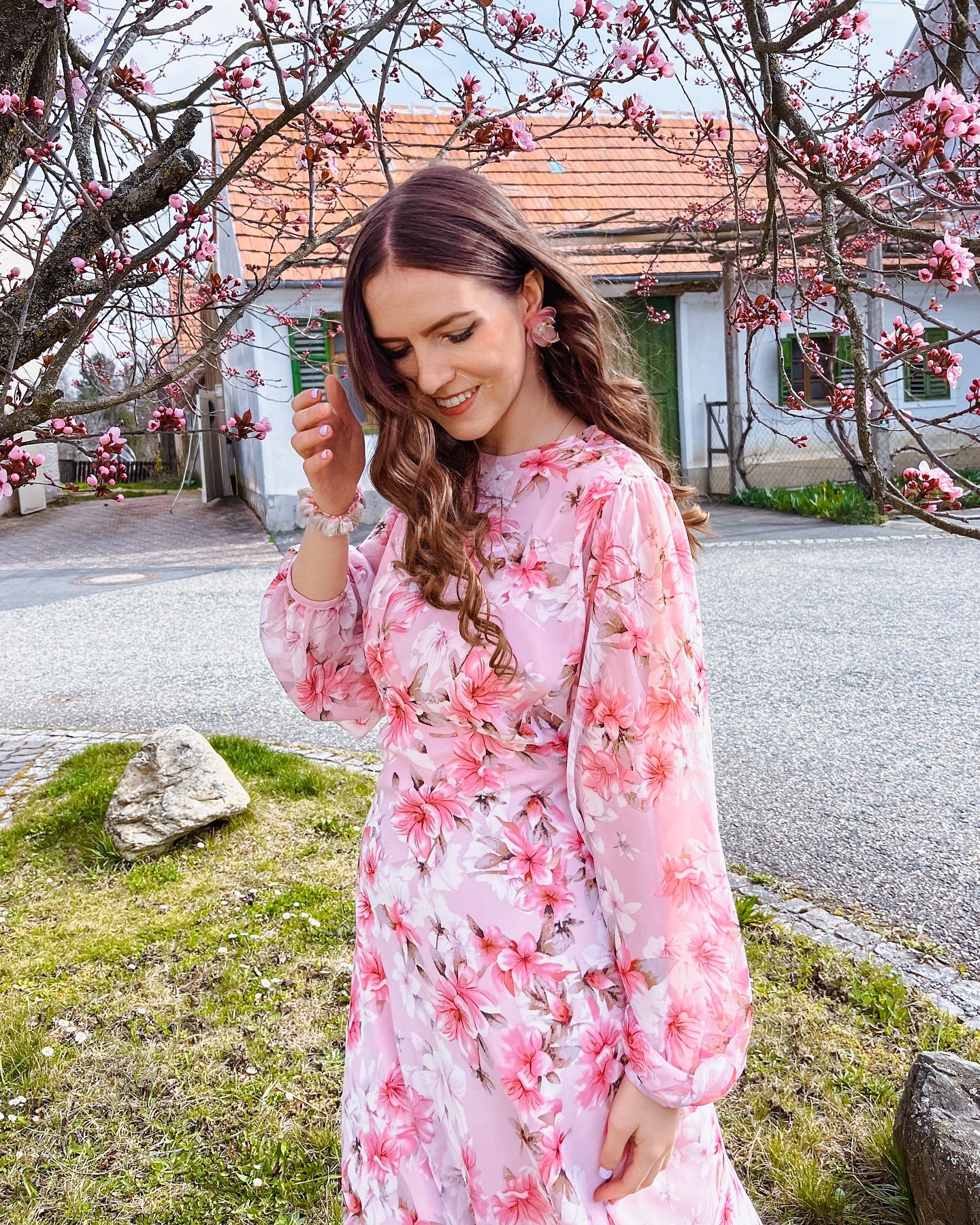 Blush Petal Pink Floral Printed Midi Dress Elegant Long Sleeve Fit & Flare Silhouette with Soft Flowing Fabric for Day & Evening Wear