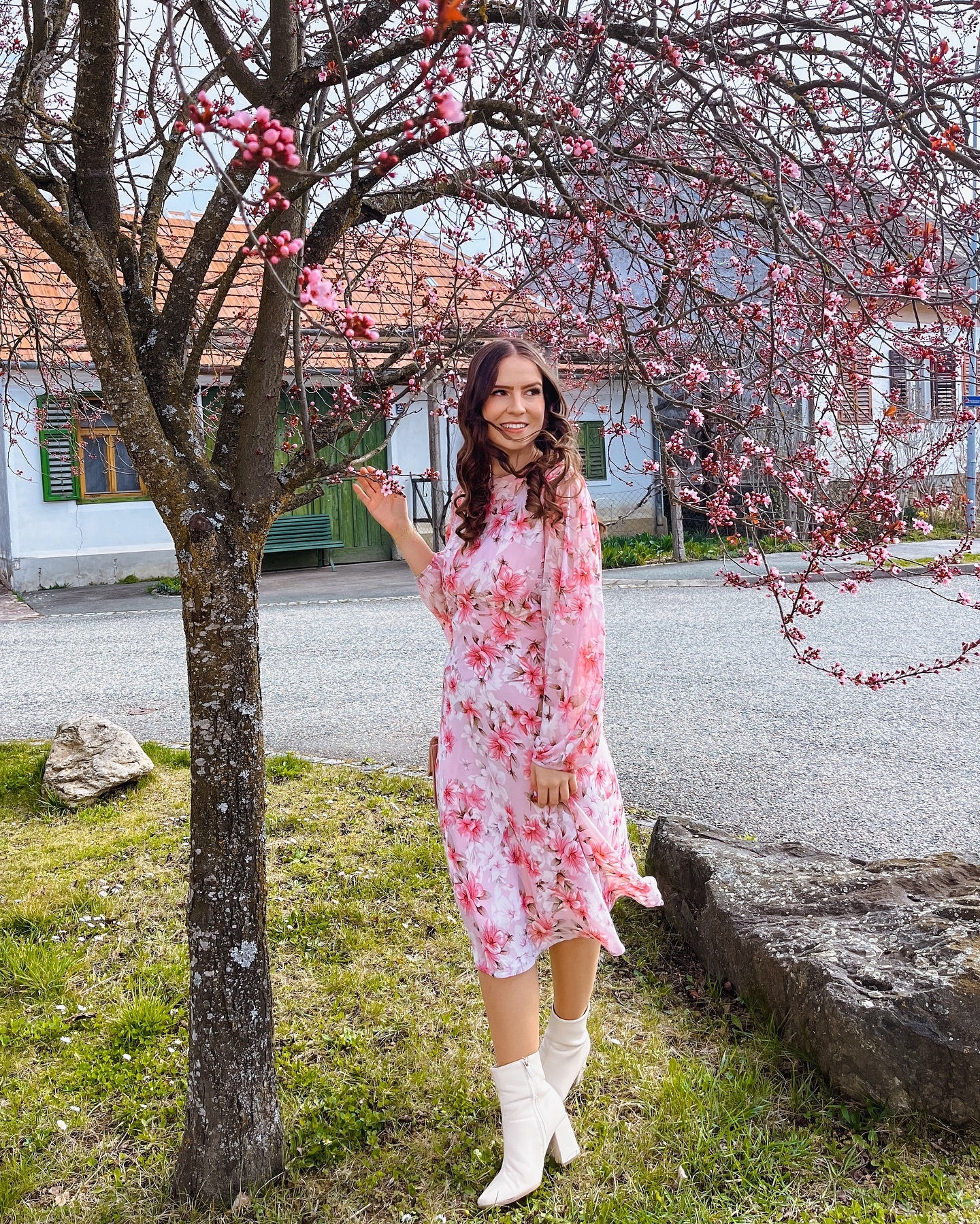 Blush Petal Pink Floral Printed Midi Dress Elegant Long Sleeve Fit & Flare Silhouette with Soft Flowing Fabric for Day & Evening Wear