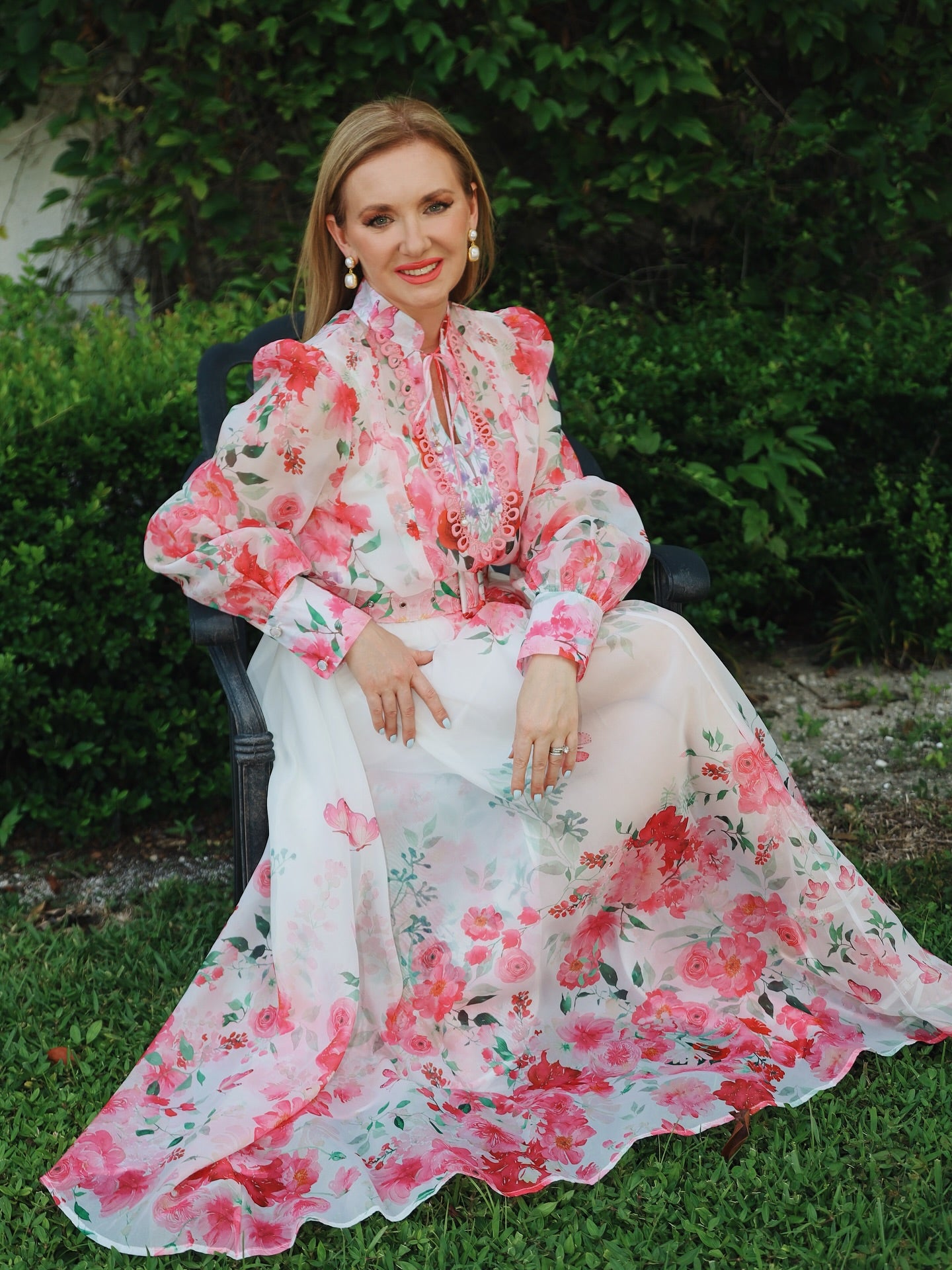 Ivory Pink Rose Garden Floral Printed Belted Maxi Dress with High Neck & Ruffle Detailing