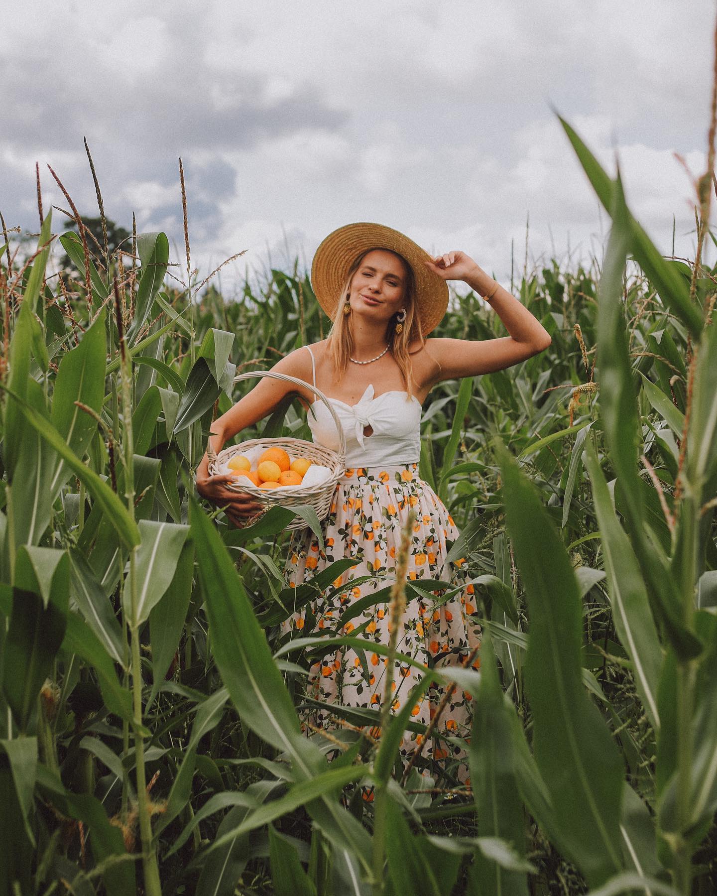 Women Citrus Bloom Ivory Lemon Floral Printed Maxi Skirt