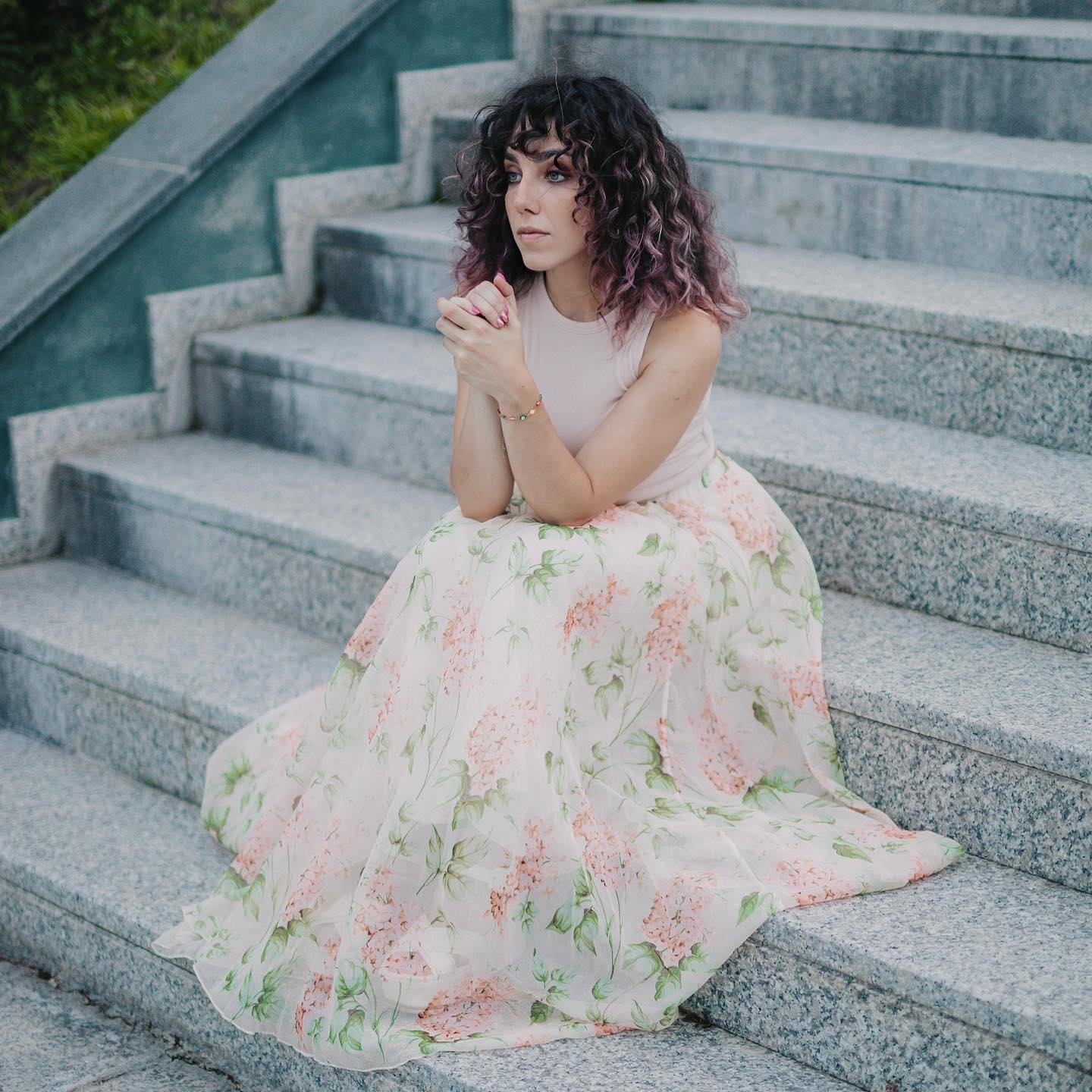 Bohemian High Waisted Flowy Chiffon Skirt  Vintage Lilac Print