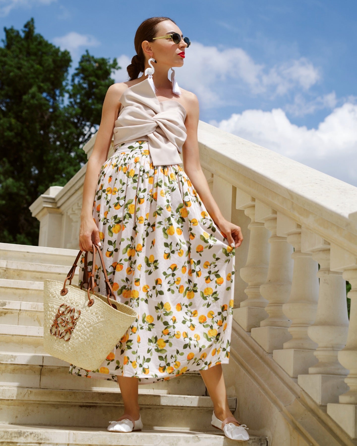 Women Citrus Bloom Ivory Lemon Floral Printed Maxi Skirt
