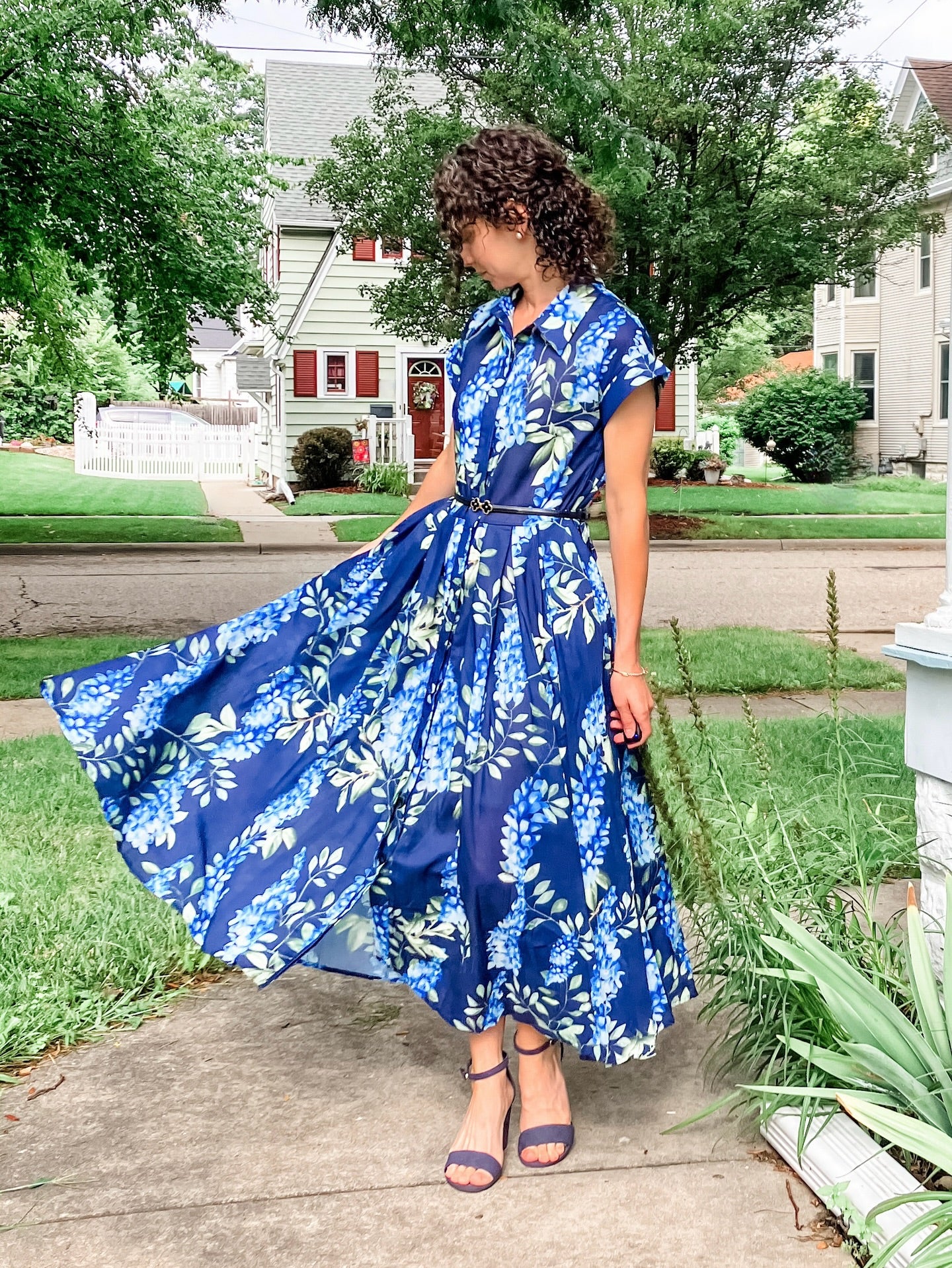 Midnight Bloom Navy Blue Floral Printed Midi Dress with Belt  Elegant A Line Silhouette, Button Down Front & Soft Flowing Fabric for Day to Evening Wear