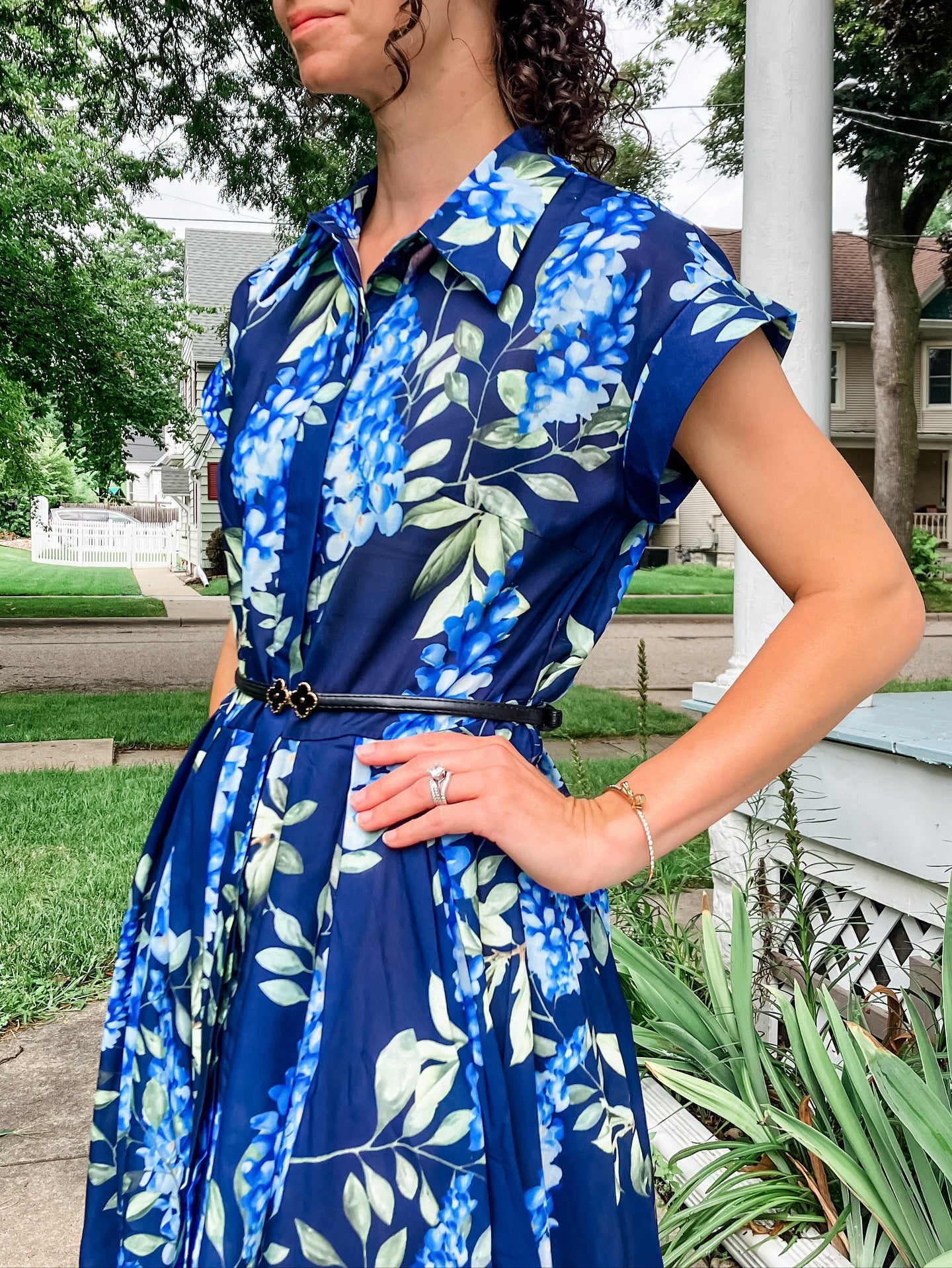 Midnight Bloom Navy Blue Floral Printed Midi Dress with Belt  Elegant A Line Silhouette, Button Down Front & Soft Flowing Fabric for Day to Evening Wear