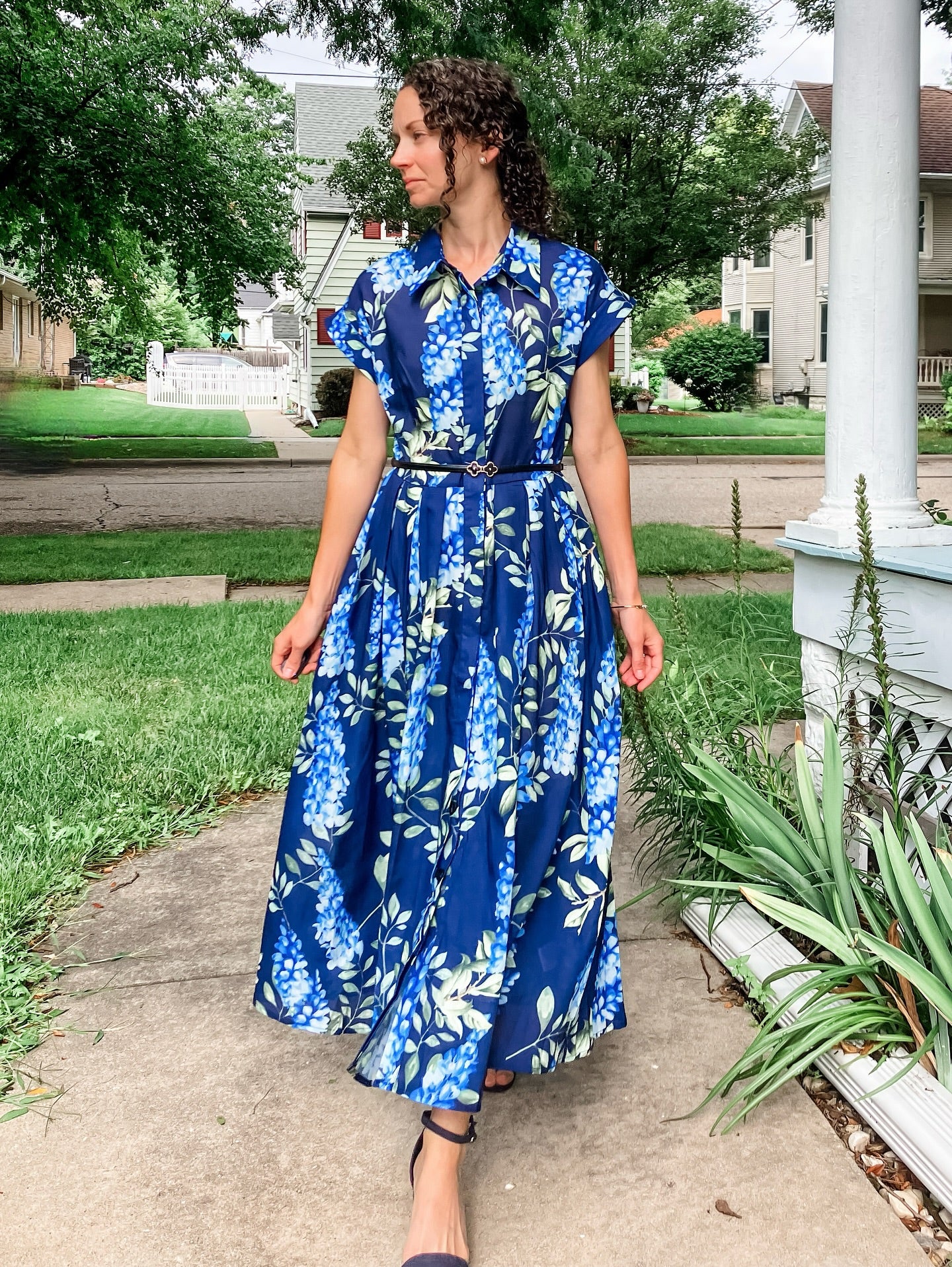 Midnight Bloom Navy Blue Floral Printed Midi Dress with Belt  Elegant A Line Silhouette, Button Down Front & Soft Flowing Fabric for Day to Evening Wear