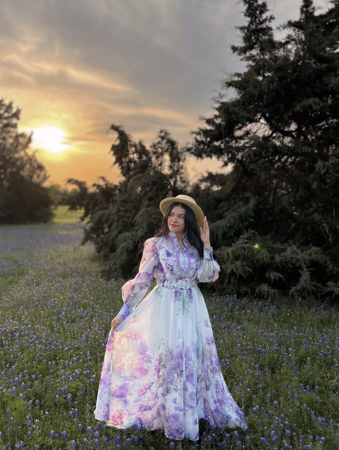 Ivory Pink Rose Garden Floral Printed Belted Maxi Dress with High Neck & Ruffle Detailing