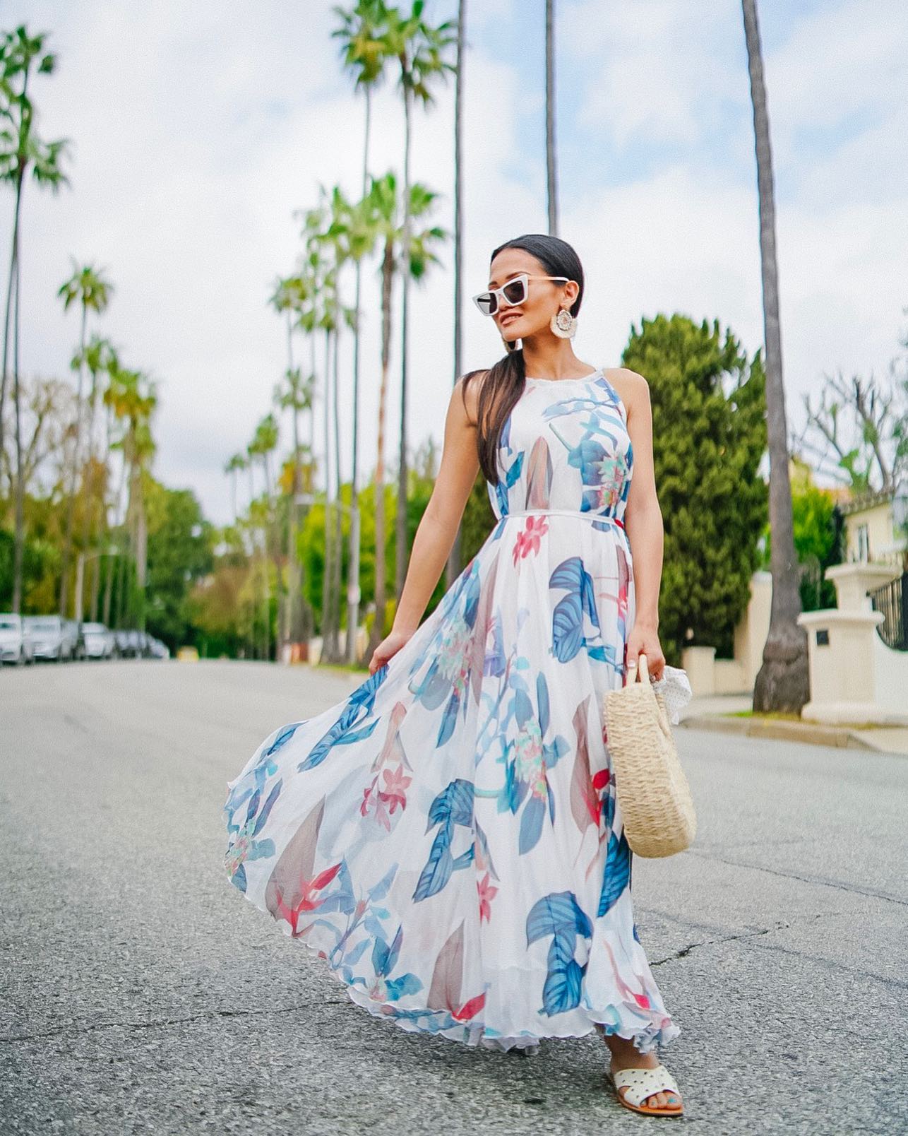 Ivory Tropical Botanical Leaf Printed Poly Chiffon Maxi Dress with Halter Neckline